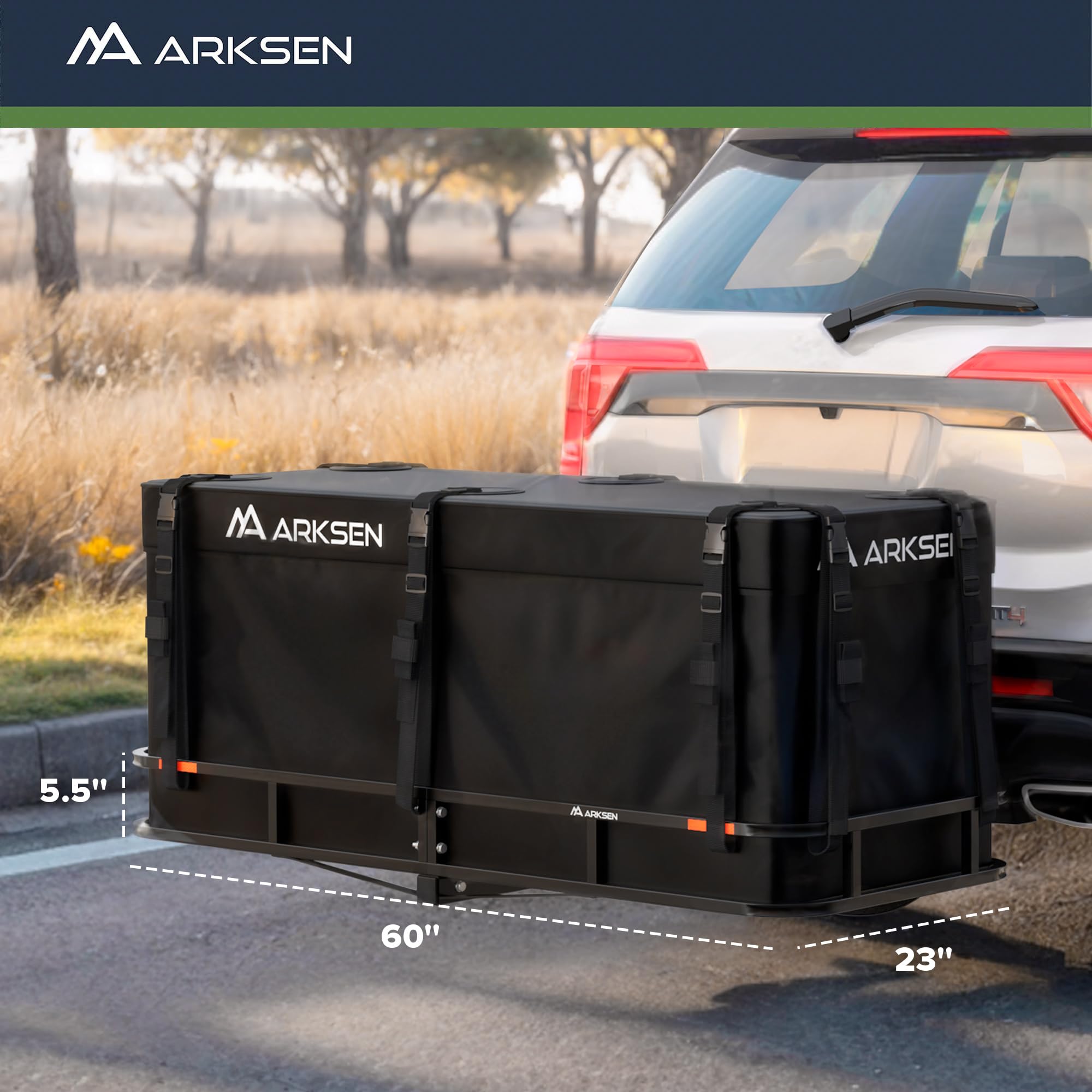 Arksen 60 X 23 X 5.5 Inch Folding Hitch Cargo Carrier With 500D Pvc Waterproof Cargo Bag & Net, 2 Ratchet Straps, 500 Lbs Capaci