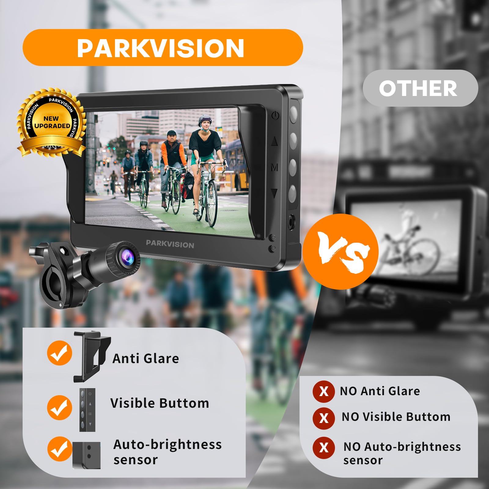 PARKVISION Bicycle Rear View Camera, 4.3'' HD 1080P Monitor, Auto Dim, 8000mAh Battery, Easy 3-Min Installation for Mountain & Road Bikes