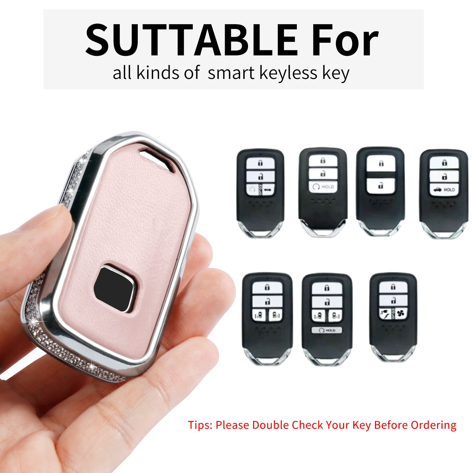 Ruabiban For Honda Key Fob Cover With Keychain, Pink Leather Crystal Key Case Protection Shell Compatible With Honda Accord Civi