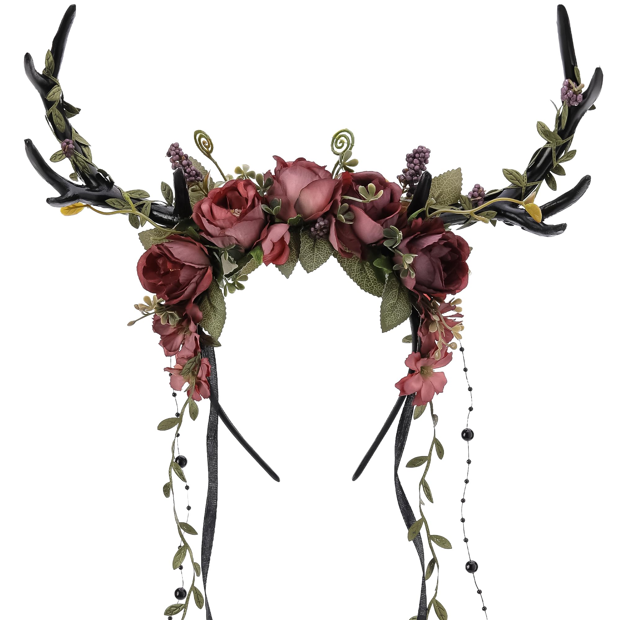 MOSTORY Dark Flower Antler Headband - Floral Black Reindeer Headpiece for Renaissance Accessories Women  Woodland Deer Hairband with Vine for Mother Nature Costume Cosplay Fairy Aesthetic-New