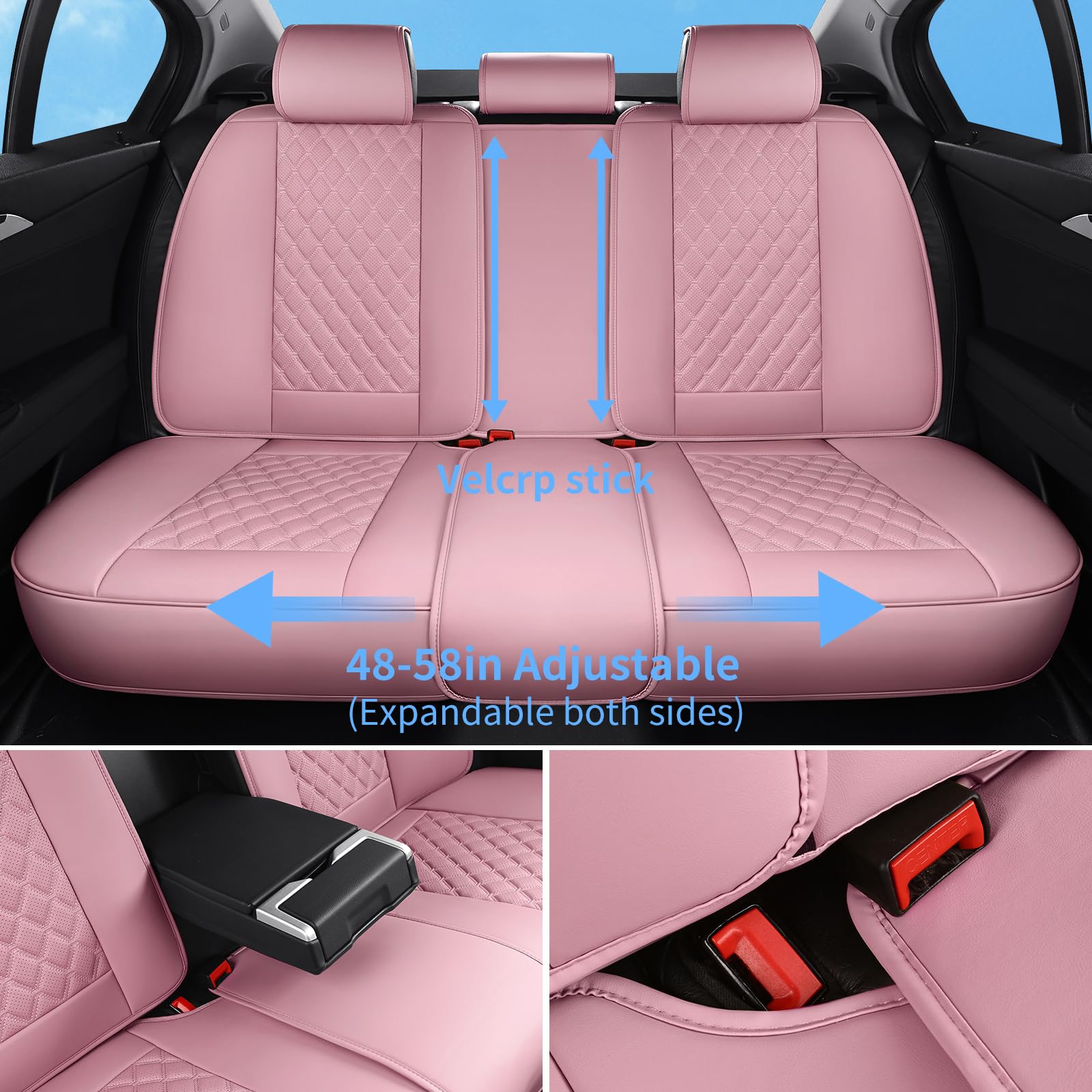 Sxikin Car Seat Covers Full Set Pink, Luxury Faux Leather Car Seat Covers Waterproof Non-Slip Seat Protector Universal Fit For M