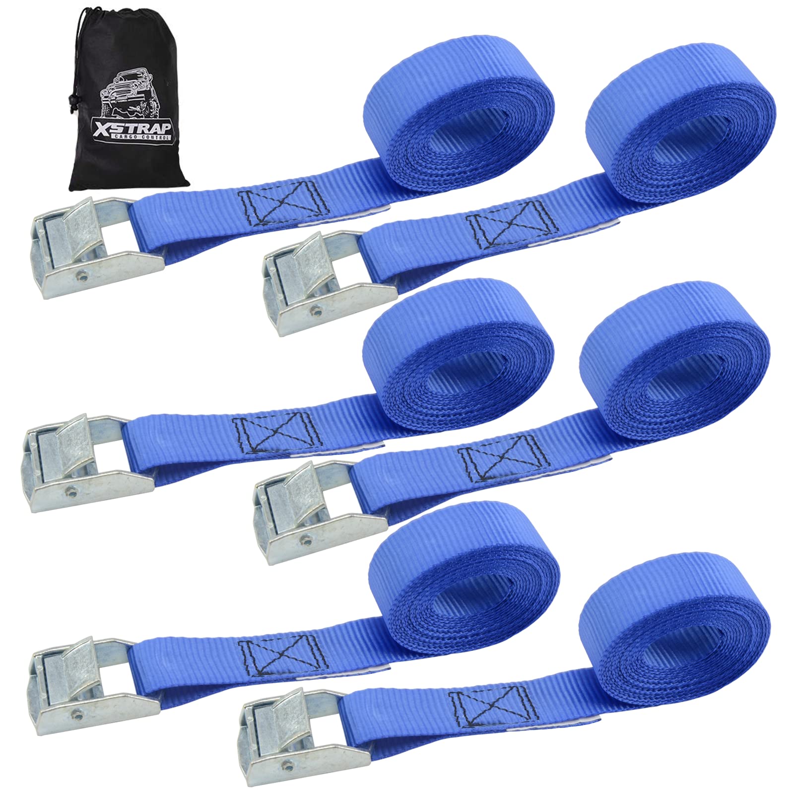 Xstrap Standard Cam Buckle Straps 6Pk 8Ft Powersports Tie-Downs 1-Inch Blue Lashing Straps With Carry Bag, Ideal For Securing Ca