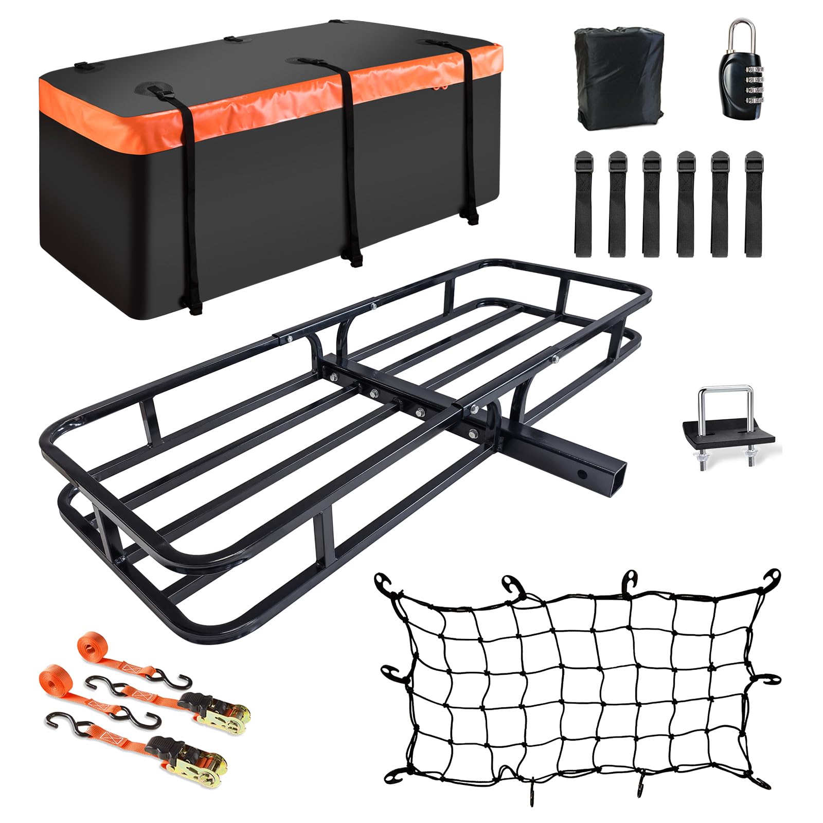 MeeFar Hitch Mount Cargo Carrier Basket 53 x19 x 5+Waterproof Cargo Bag (51 x17x 18), Hauling Weight Capacity of 500 Lbs fit on 