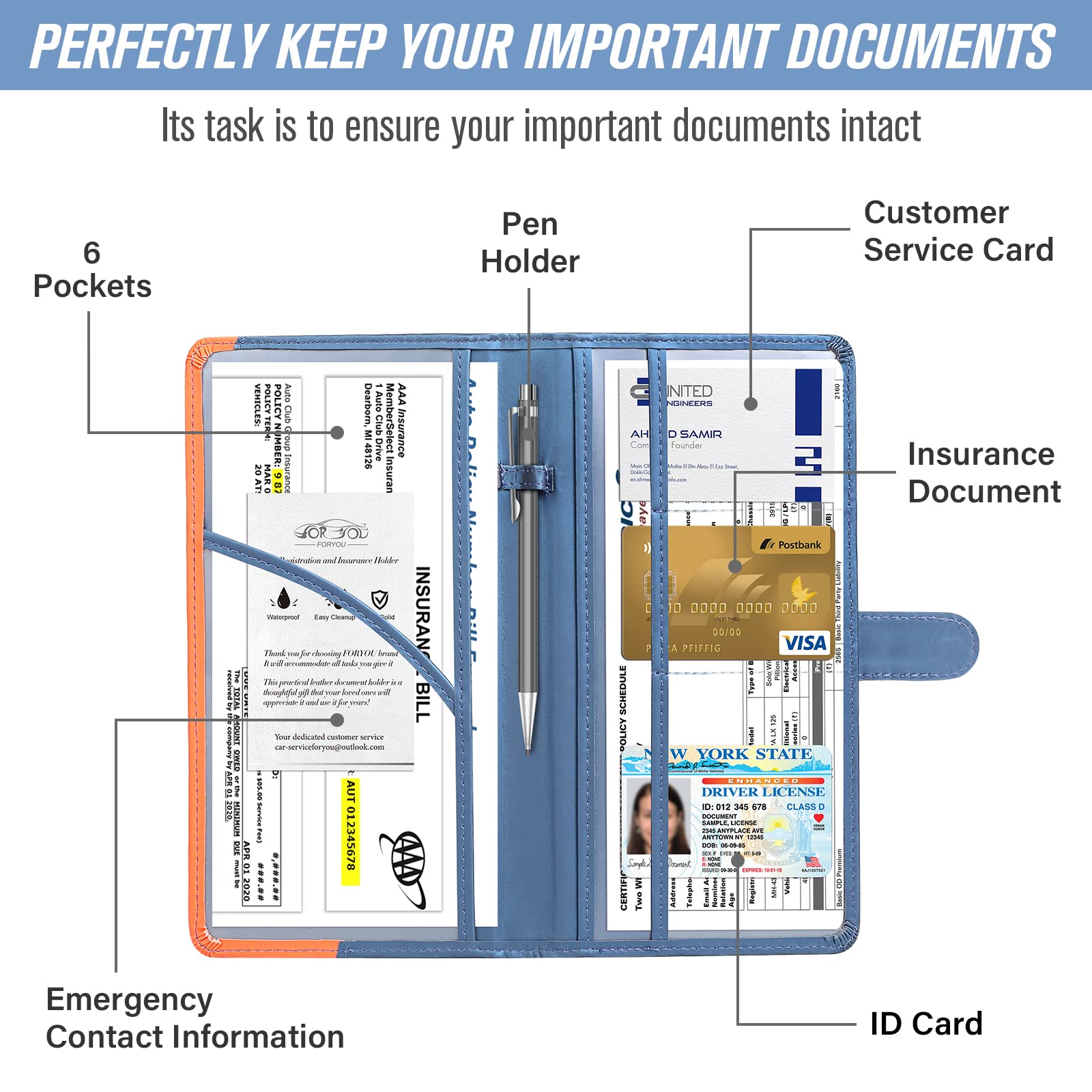 Foryou Car Registration And Insurance Holder Car Document Holder Registration And Insurance Card Holder For Cards, Driver License & Other Essential Documents(Blue Orange)