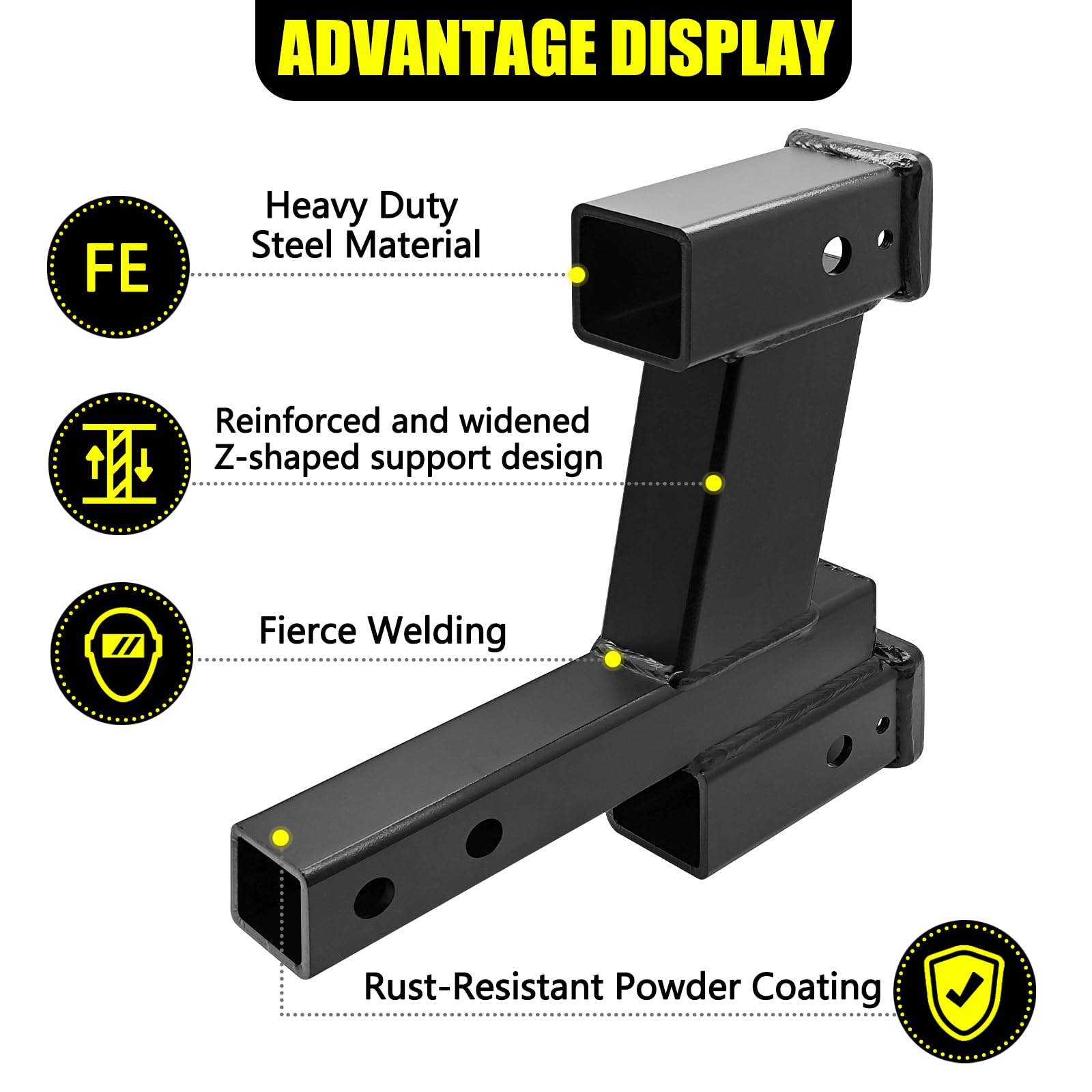 Kairay Trailer Dual Hitch Extender Adapter With 2-Inch & 8-Inch Riser/Drop, Fit For 2'' Receiver, 2-Inch Solid Shank, 10000Lbs T