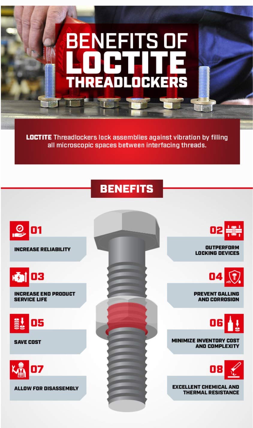 Loctite 271 Automotive Threadlocker Red - High Strength Thread Lock, Fluorescent, Heavy-Duty, Works On All Metals - 6 Ml, 1 Pack