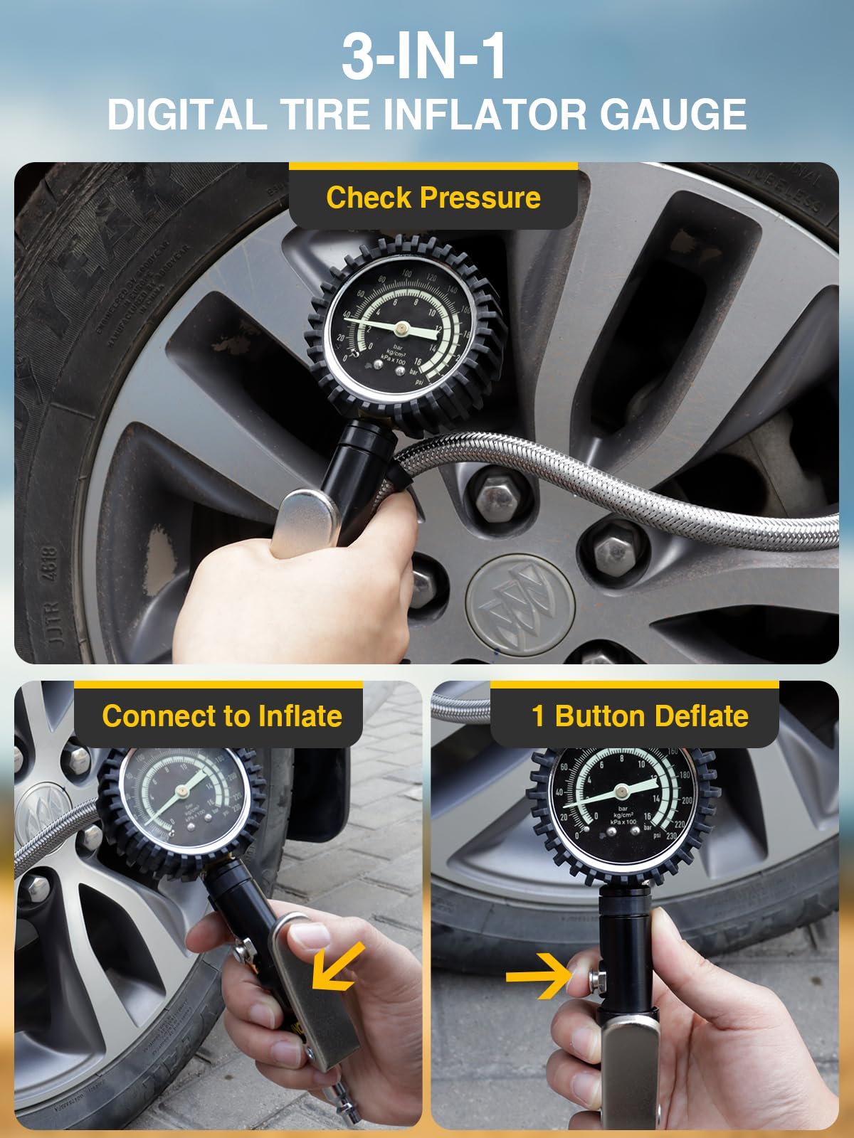 Azuno Heavy Duty Tire Pressure Gauge, Tire Inflator Gauge 230Psi Air Chuck Air Compressor Attachments, With Steel Braided Hose,