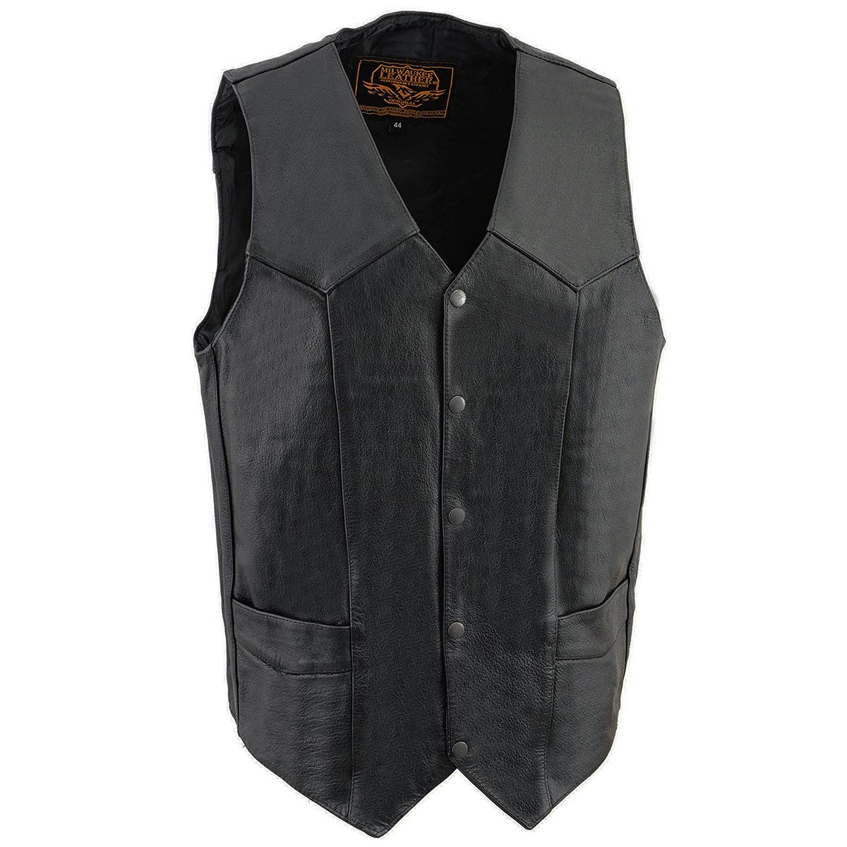Milwaukee Leather SH1310 Men's Black Leather Classic V-Neck Motorcycle Rider Vest w/Front Snap Button Closure - 56