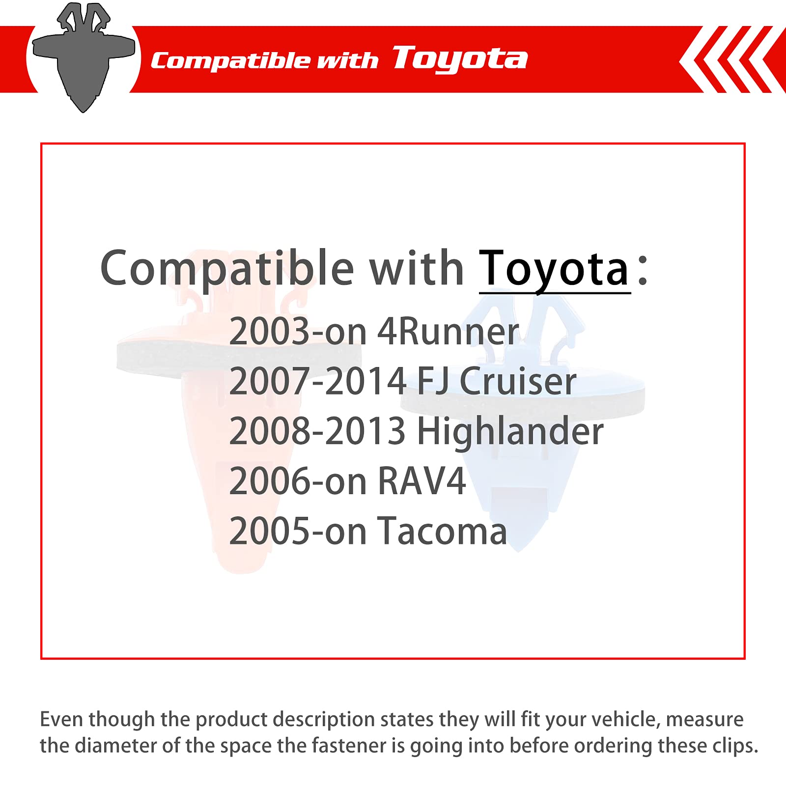 OTUAYAUTO 50PCS Fender Flare Clips for Toyota 4Runner, FJ Cruiser, Highlander, RAV4, Tacoma - Molding Retainer Fasteners, 8mm