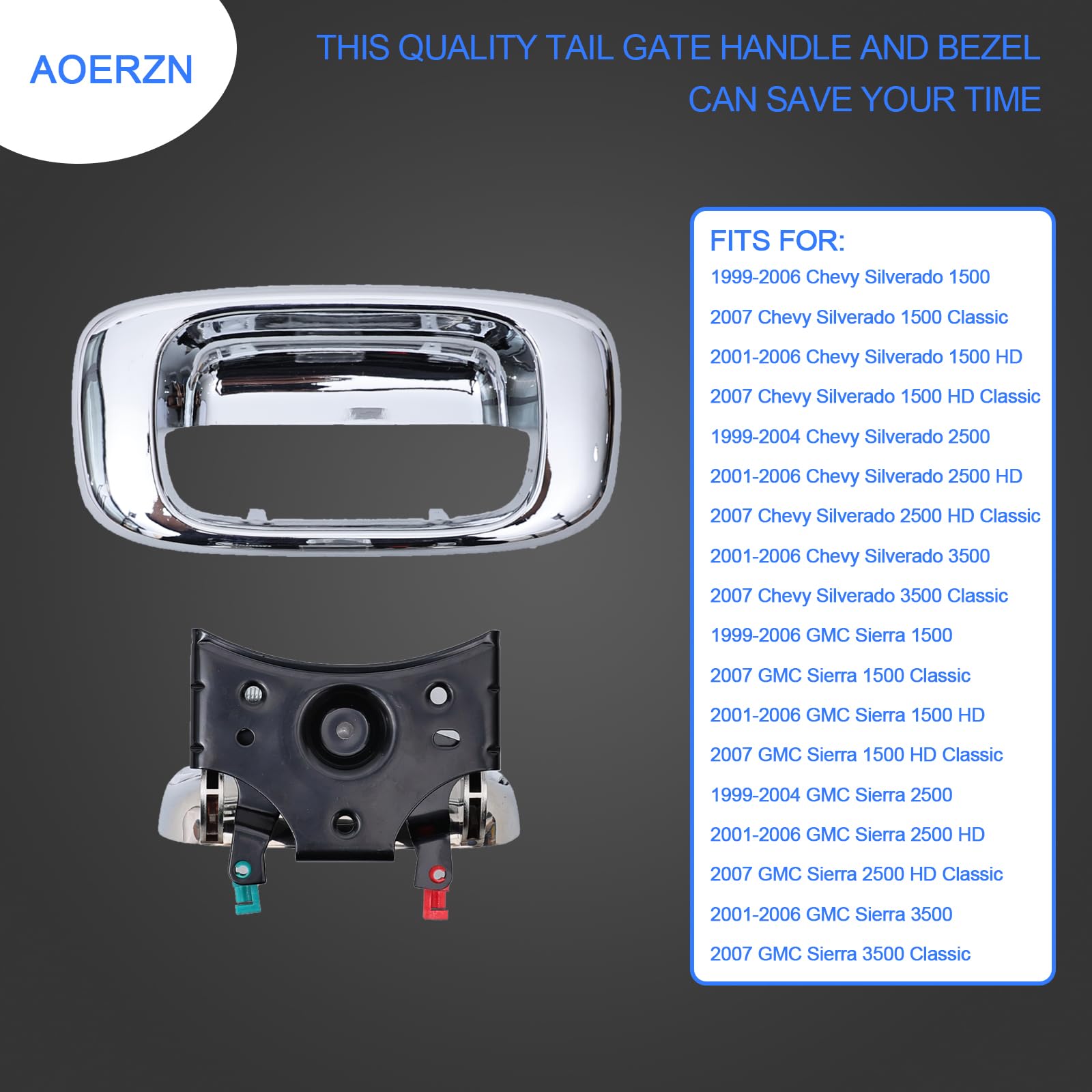 Aoerzn Premium Tailgate Door Handle And Bezel Lock Set, Fits For 1999-2007 Chevy Silverado Gmc Sierra 1500 2500 3500, Chrome Ext