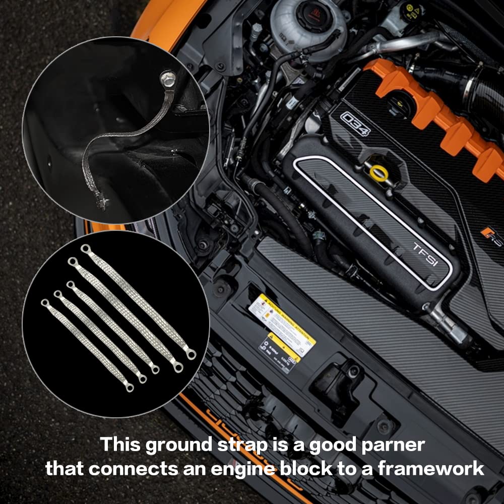 Universal Flat Braided Copper Ground Strap,Professional Vehicle Grounding Cable Straps with Terminals Plugs,Tinplate Silver Colo