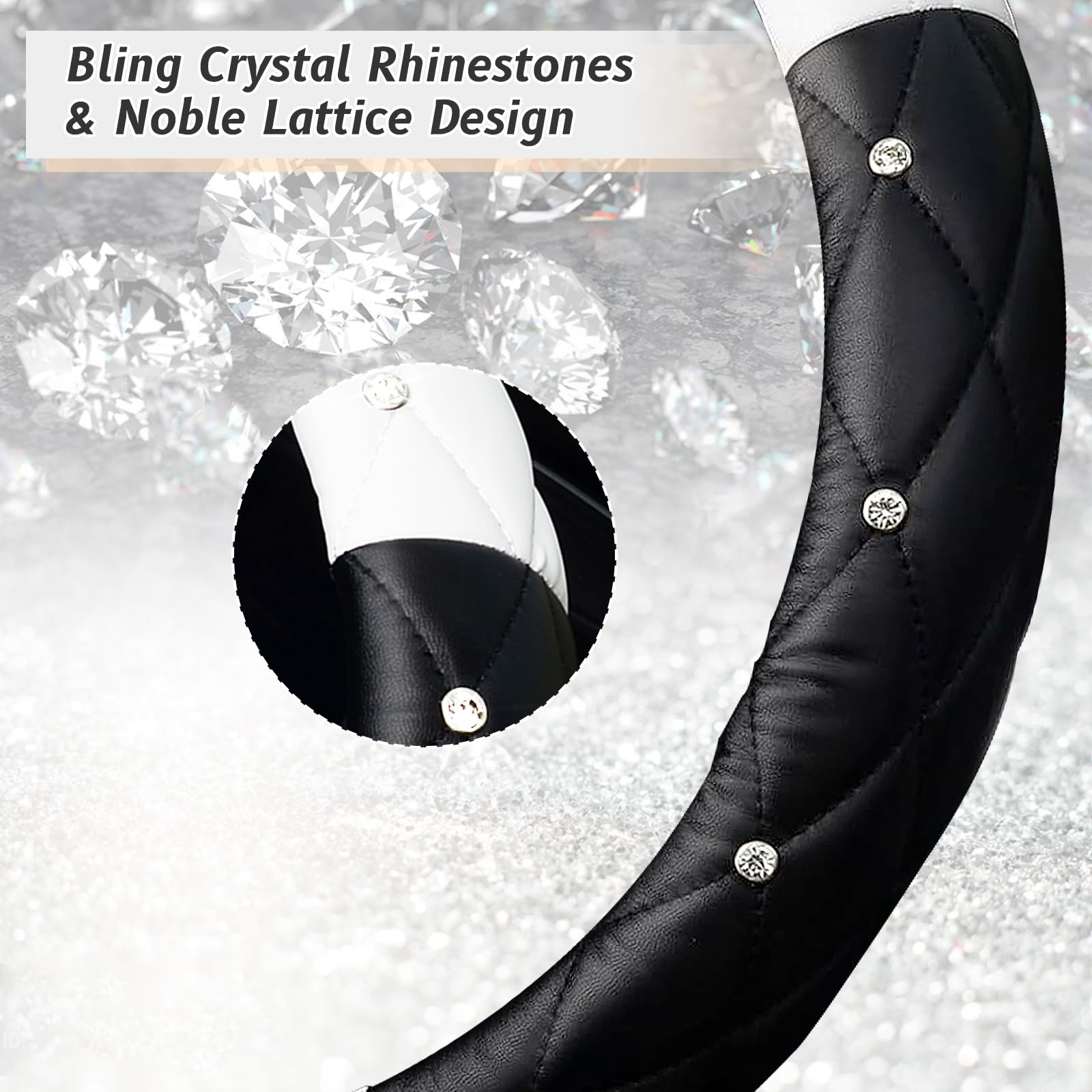 Kafeek Diamond Soft Leather Steering Wheel Cover With Bling Bling Crystal Rhinestones, Universal 15 Inch, Black White