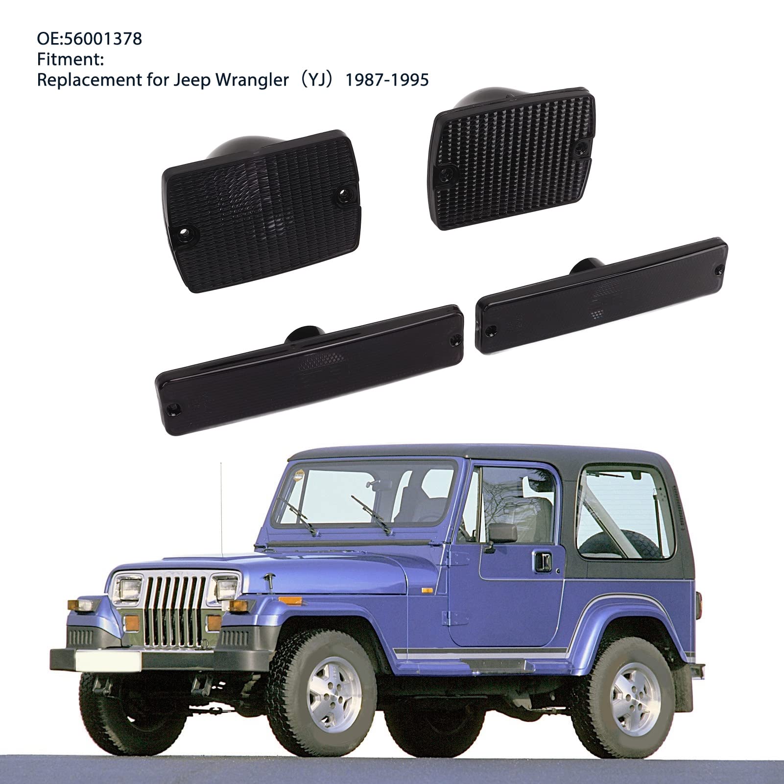 4Pc Side Marker Light And Turn Signal Light Housings 56001378 Turn Signal Sidemarker Lamps Replacement For Wrangler Yj (Smoky Bl