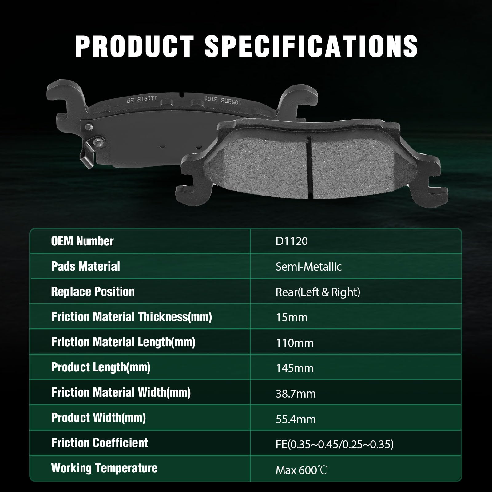 Automuto 4Pcs Rear Semi-Metallic Disc Brake Pads Set D1120 For Hummer H3 2006-2010,For Hummer H3T 2009-2010