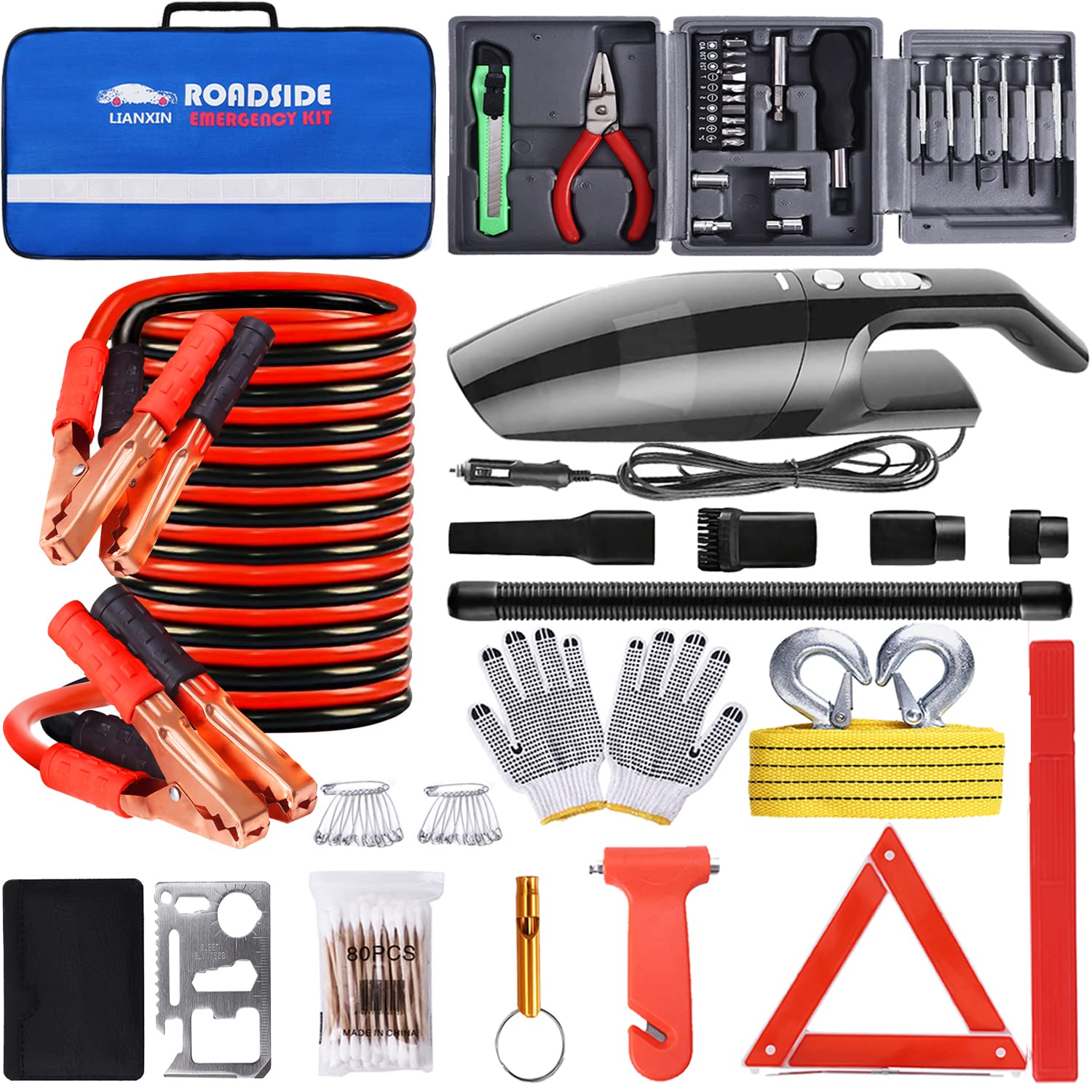 Lianxin Roadside Car Emergency Kit- Car Safety Kit,Car Kits Emergency,High Power Car Vacuum,Jumper Cable Kits,Reflective Warning