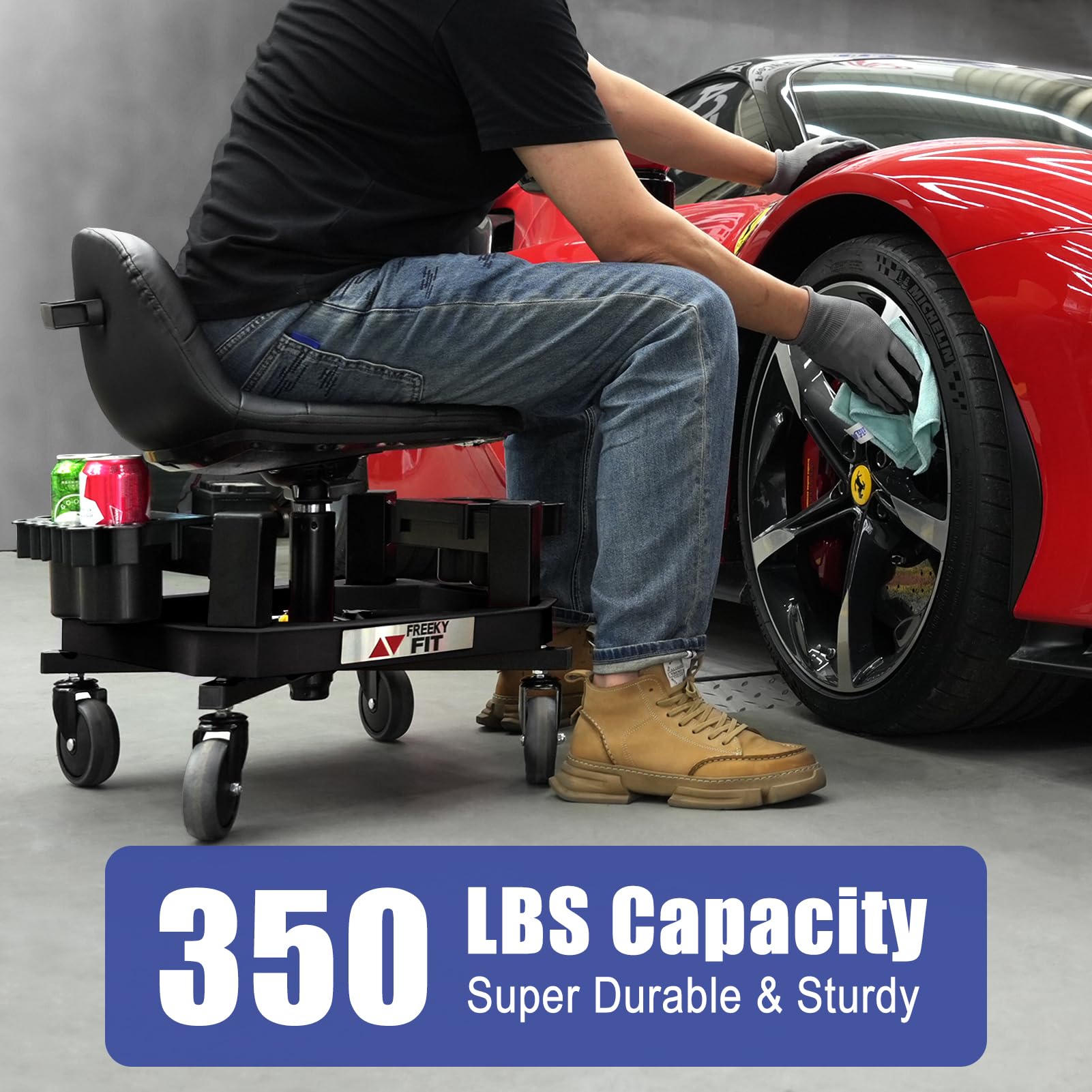 FreekyFit Rolling Stool with Wheels, Adjustable Shop Stool Mechanic Chair Seat Garage Shop Roller Work Chair Mobile Rolling Seat