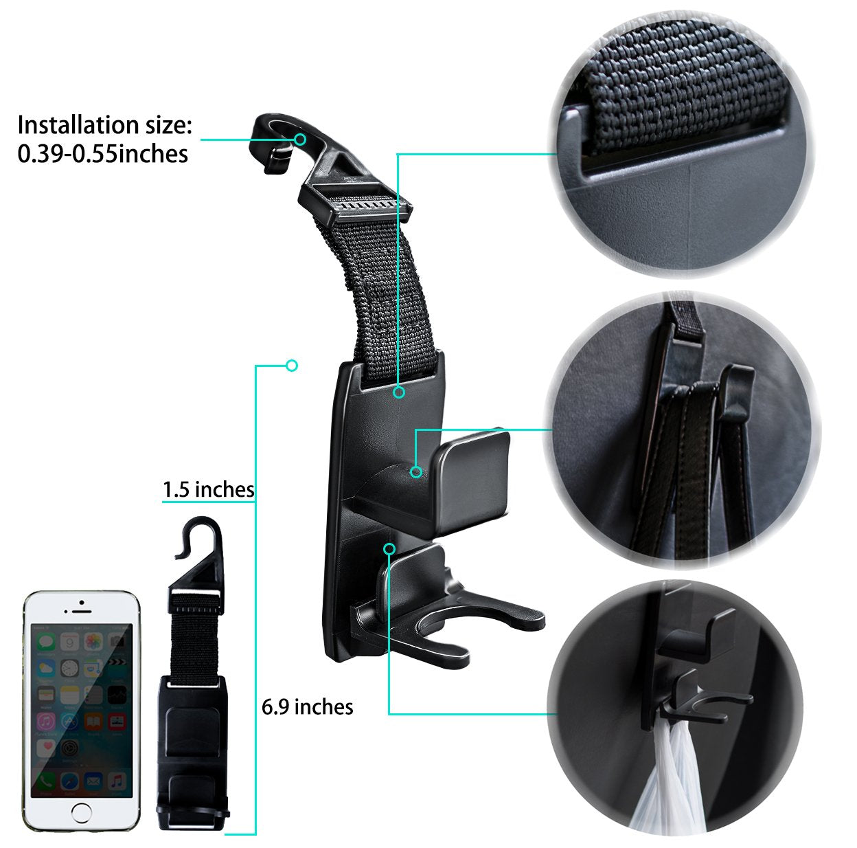 Heroway Magic Headrest Hooks for Car, Purse Hanger Headrest Hook Holder for Car Seat Organizer Behind Over the Seat Hook Hang Purse or Bags, Black, 4Pack