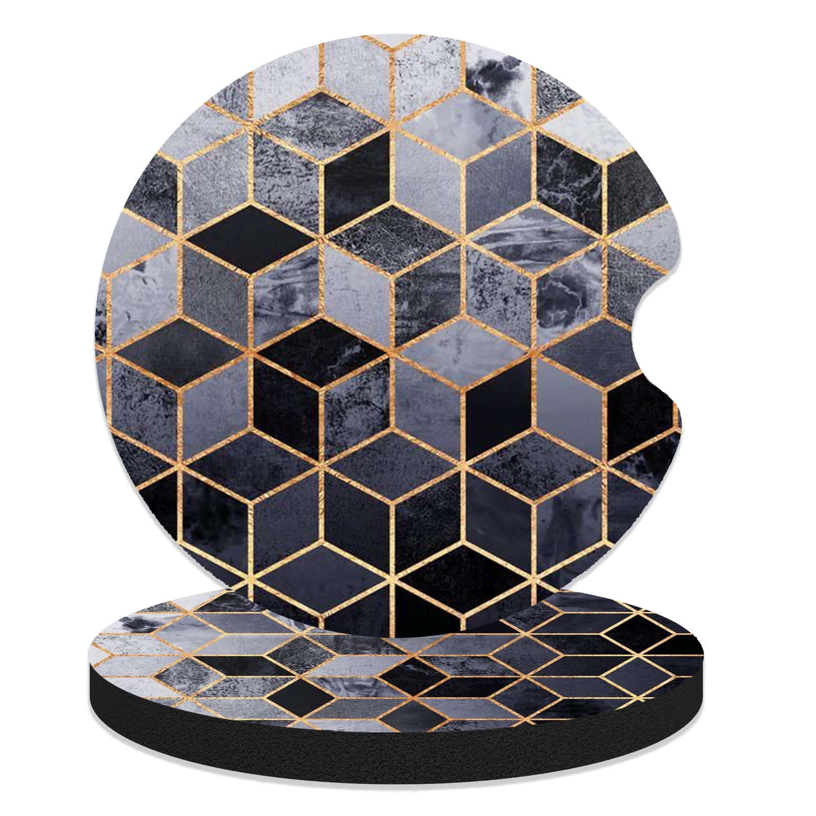 FJyuanqi Car Coasters for Cup Holders, 2 Pack Anti Slip Universal Rubber Cup Coaster - Geometric Black Gold Marble