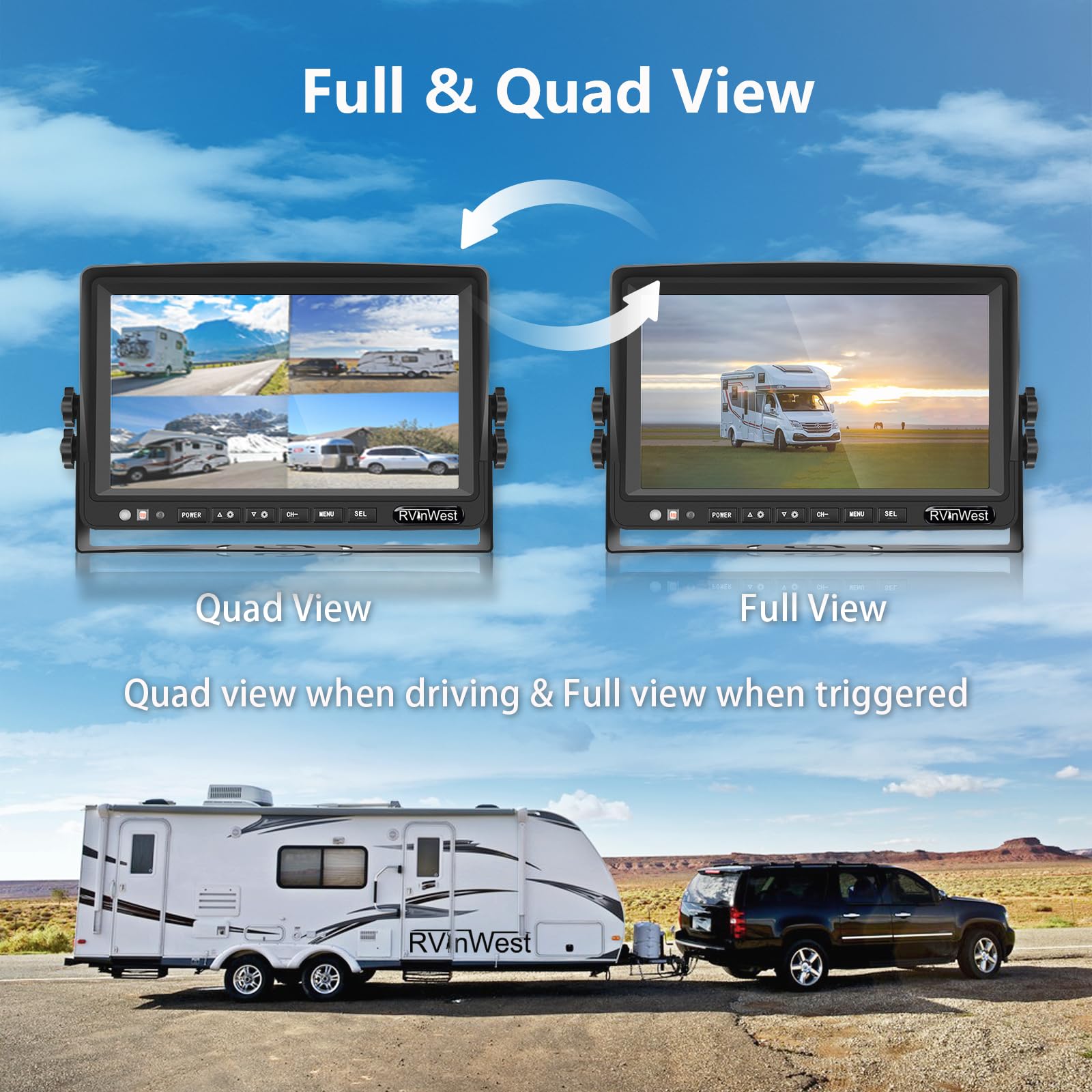 Rvinwest Backup Camera System With 9'' 1080P Monitor Wired For Rv Car Truck Trailer Camper, 4 Split Screen Quad View Hd Dvr Reco