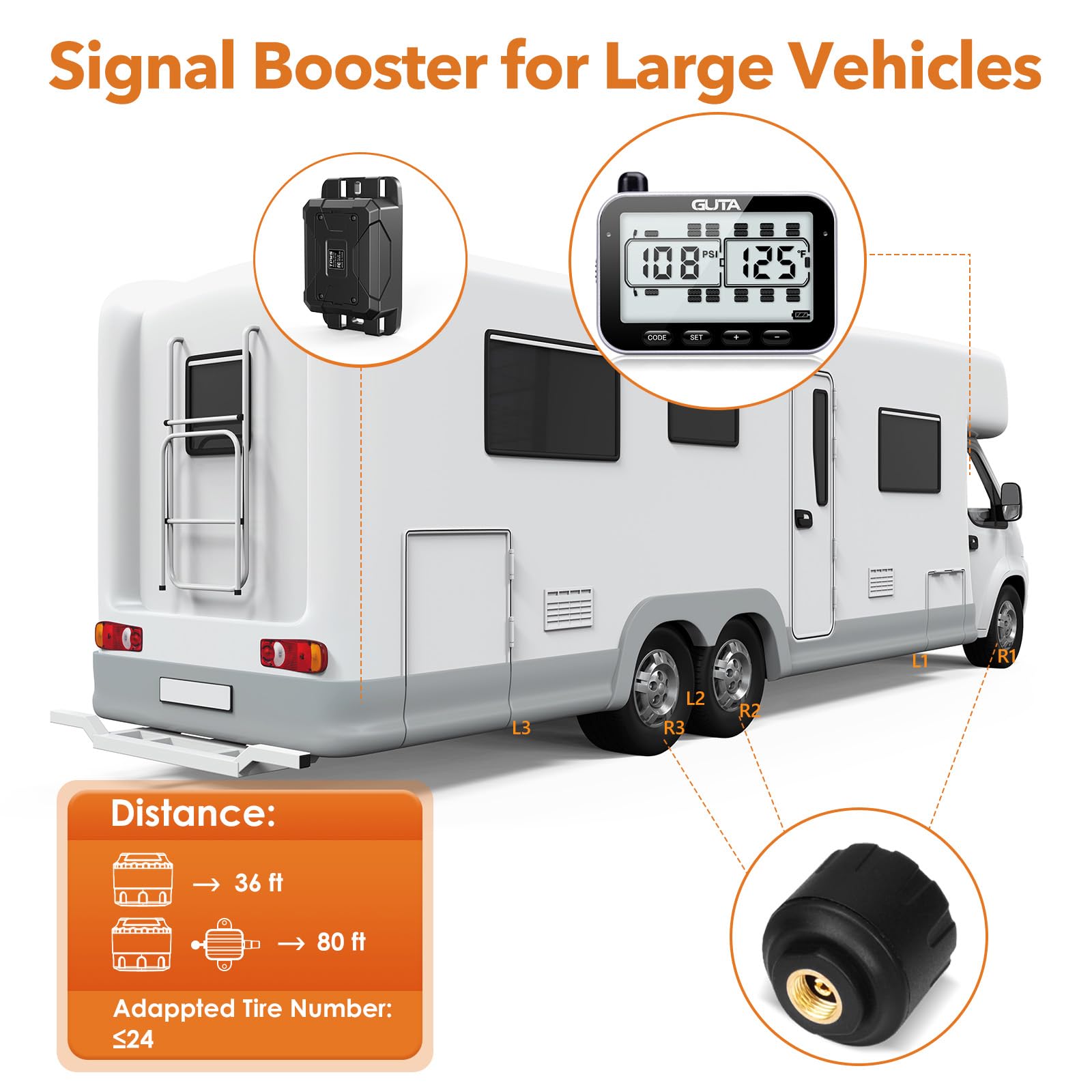 Guta Rv Tire Pressure Monitoring System, Rv Tpms, 6 Sensors, 7 Alarm Modes, 14 Days Battery Life, 80Ft Sensing Distance, Large S