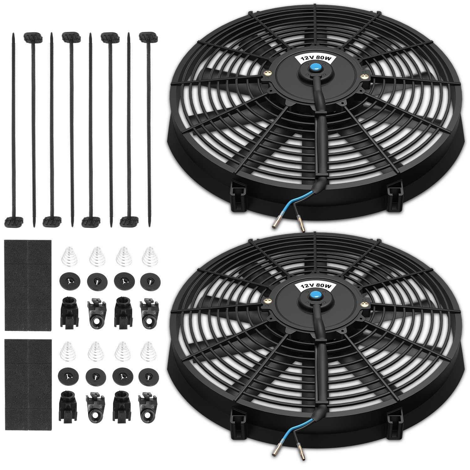 Auto Dynasty Universal 16 Inches High Performance Electric Slim Radiator Cooling Fan With Mounting Kit, (Pack Of 2) 12V, Black