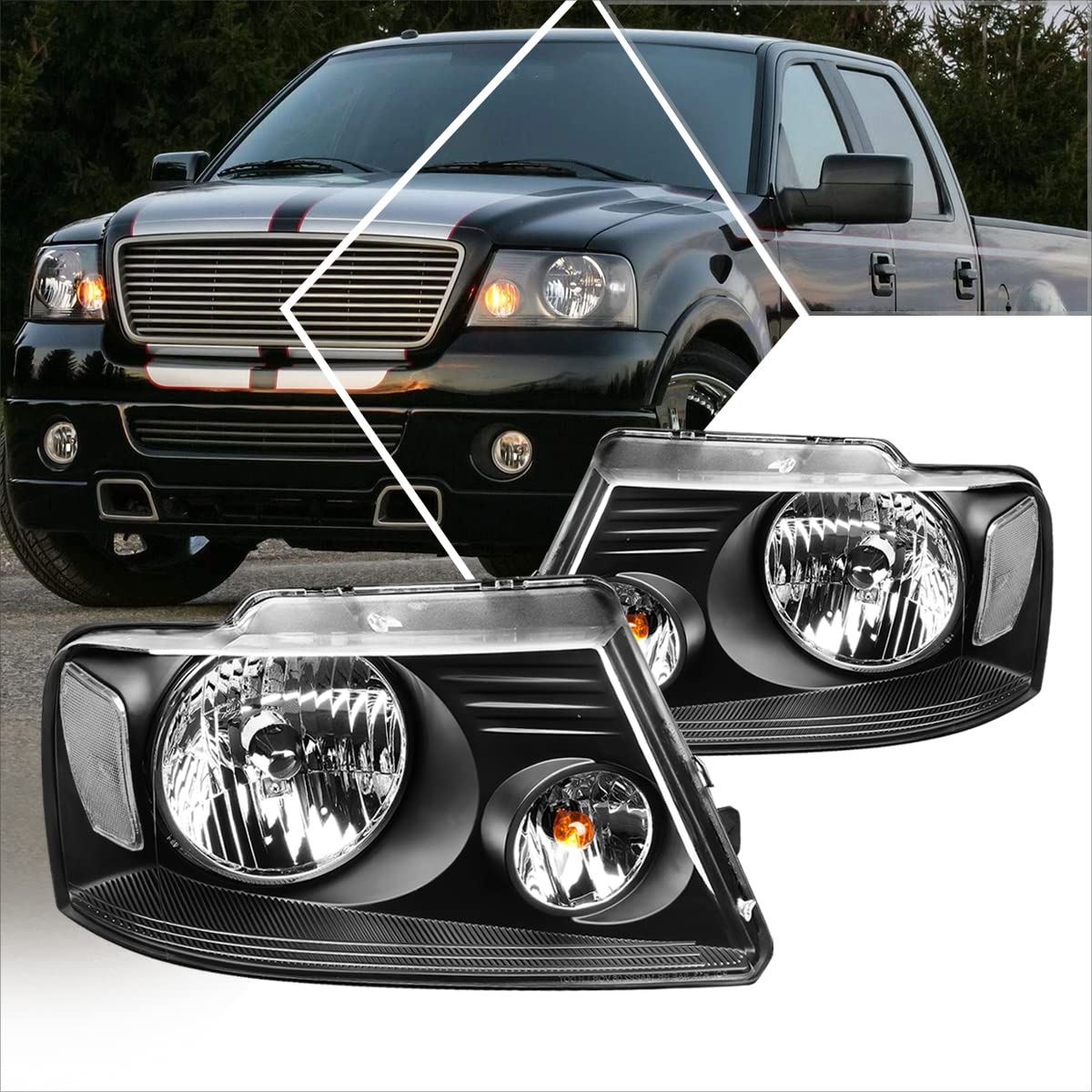 2Pcs Replacement Headlights Assembly Compatible With Ford F150 04-08/Lincoln Mark Lt 06-08,Black Housing/Clear Corner