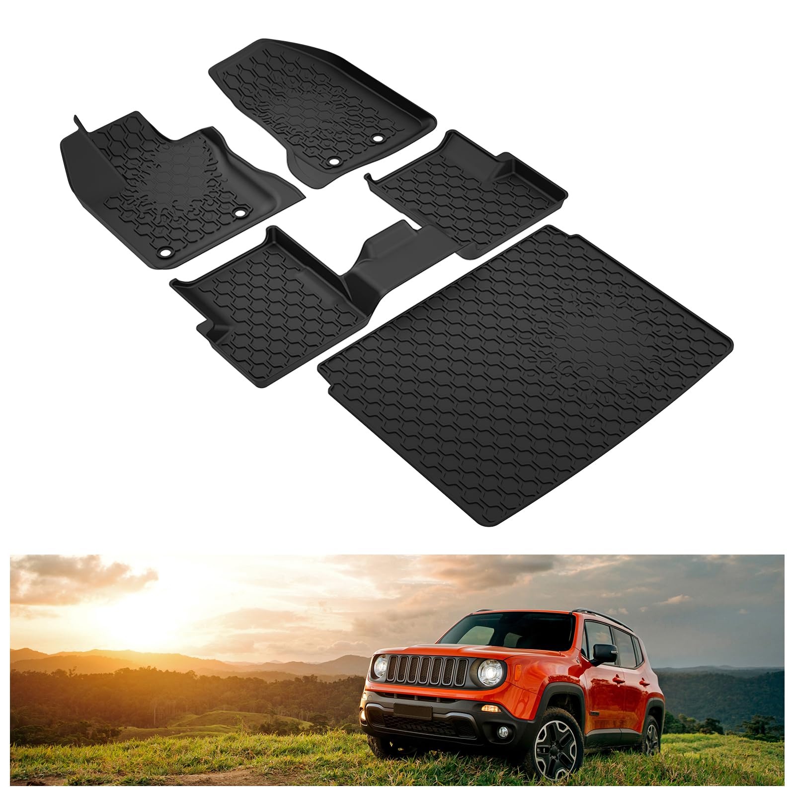 Kiwi Master Floor Mats & Cargo Mat For 2015-2023 Jeep Renegade Oem Replacement 82214194 82214195 Front Rear 2 Row Trunk Tray All