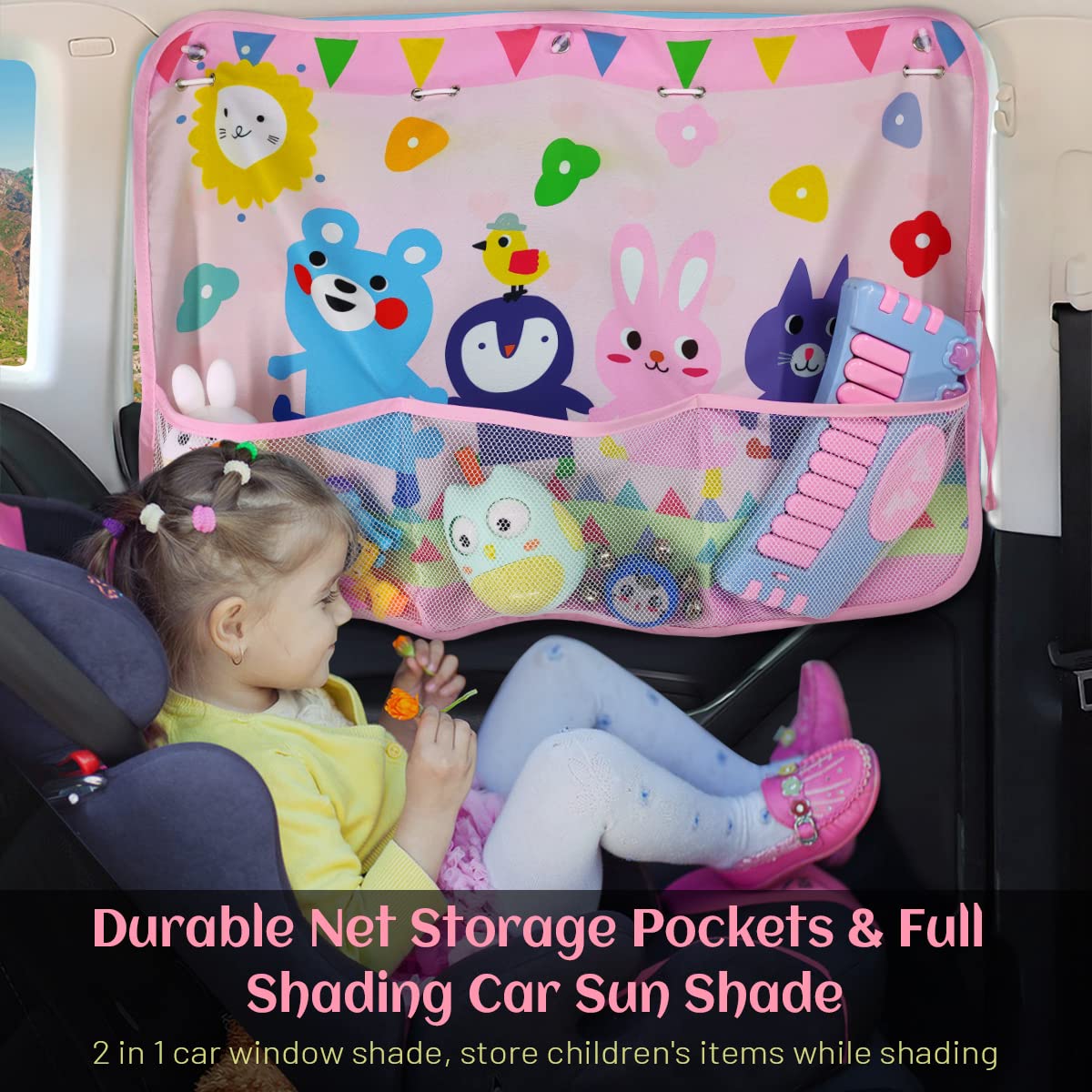 DIZA100 Car Sun Shade for Window Baby(2 Pack), Blackout Car Window Shades with Storage Net Pocket Car Window Curtain 7 Suction C