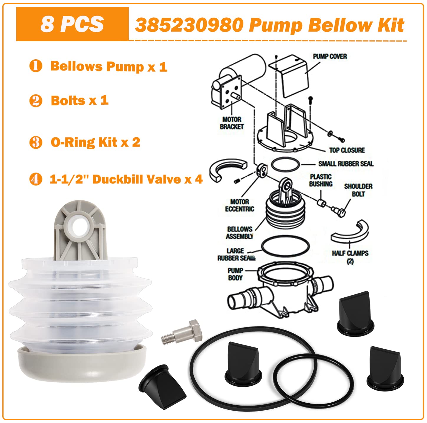 Fits For Dometic 385230980 Pump Bellow Kit & 4 Pack 385310076 Db Valve 1-1/2' Black Duckbill Valve Kit & 2Pack 385310151 O-Ring Kit Replace For Dometic S, T, J, Vht, And Vg Series Vacuum Pump Kit