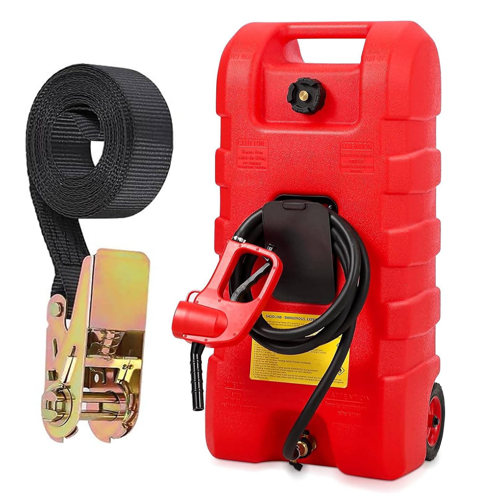 Gas Can 15 Gallon, Fuel Tank Container with Gravity & Hand Pump Modes, Portable Fuel Caddy with Wheels, 10 ft Delivery Hose & Ma