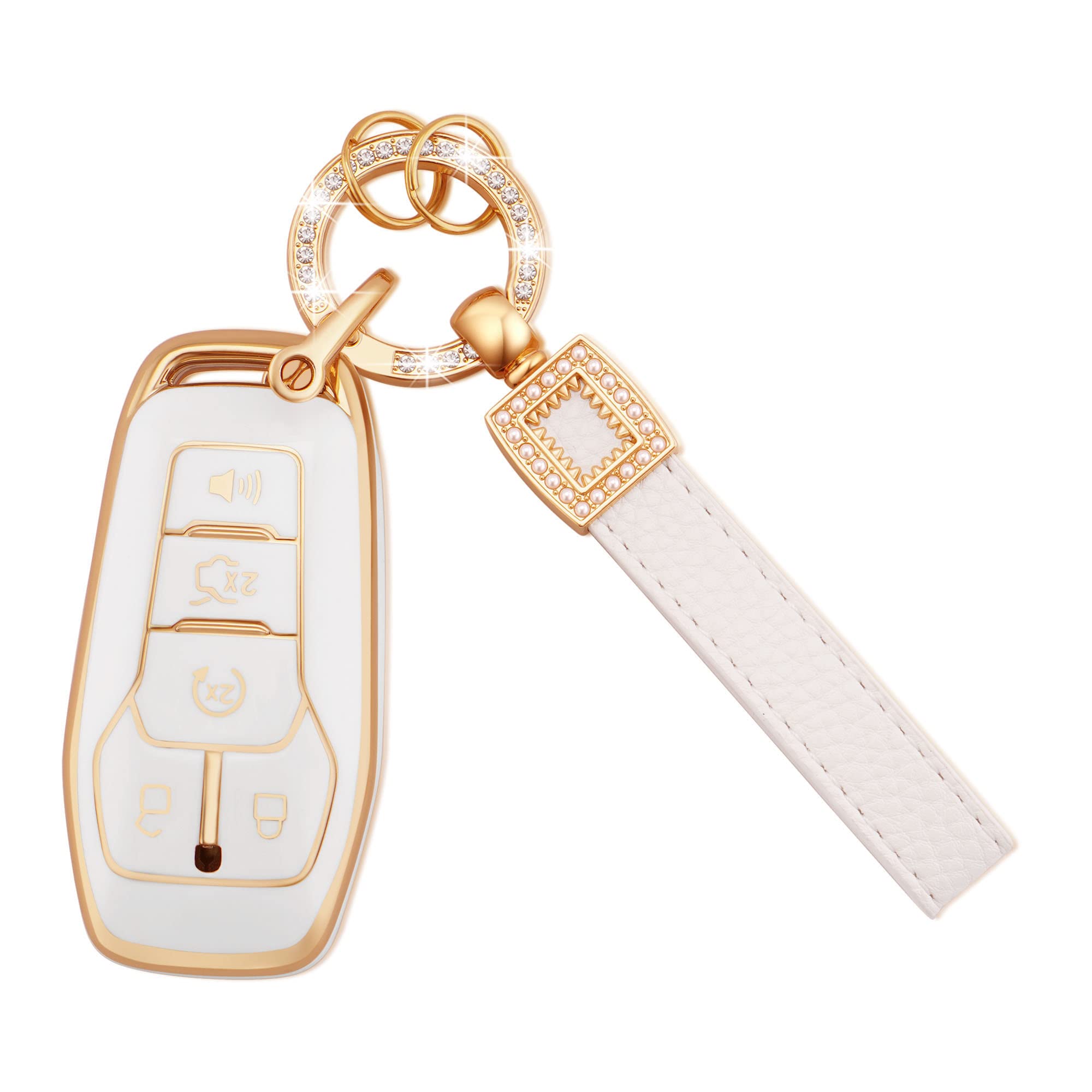EKALA for Ford Key Fob Cover with Leather Key Fob Keychain, 4 5 Buttons Soft TPU Keys Shells White Key Fob Cover Compatible with