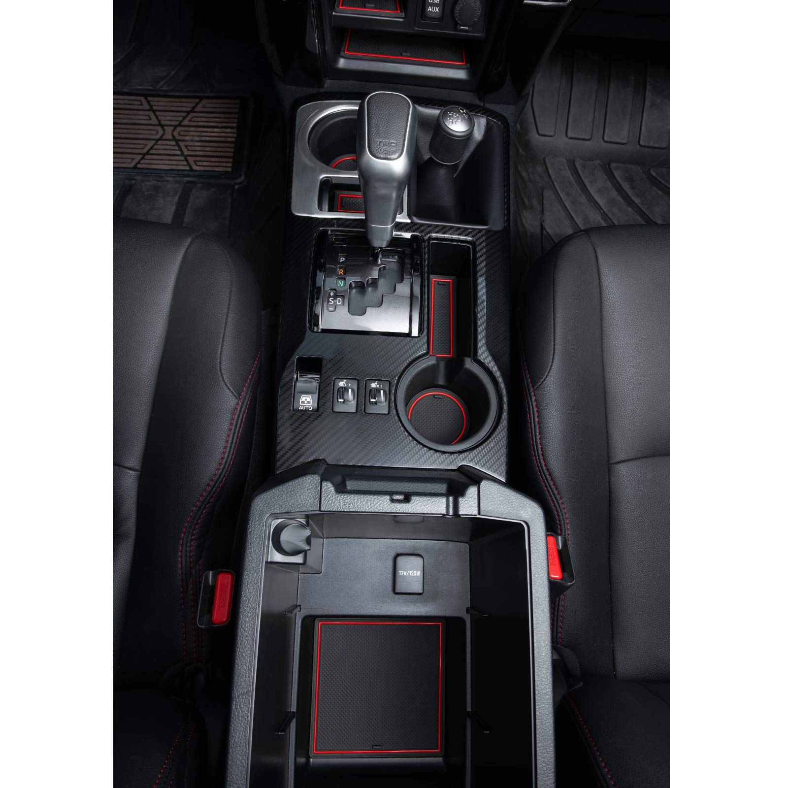 Jdmcar Liner Accessories Compatible With 2023 Toyota 4Runner 2010-2019 2020 2021 2022 - Premium Cup Holder, Console, And Door Pocket Inserts 27-Pc Set (2 Rows Of Seats) (Red Trim)