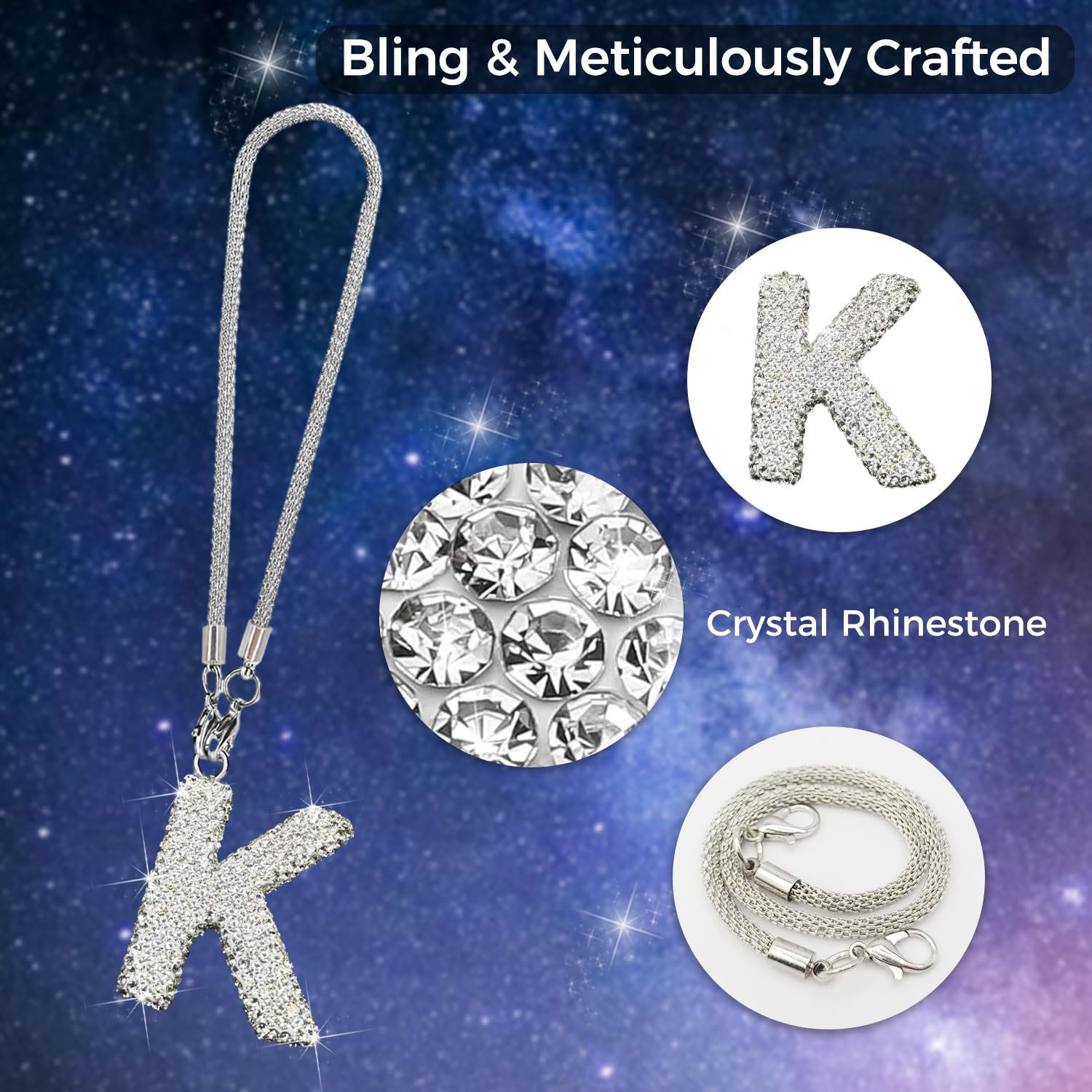 Bling Car Letter Charm, Rear View Mirror Ornament Cute Hanging Crystal Pendant Bling Car Accessories, Lucky Diamond Rhinestone W