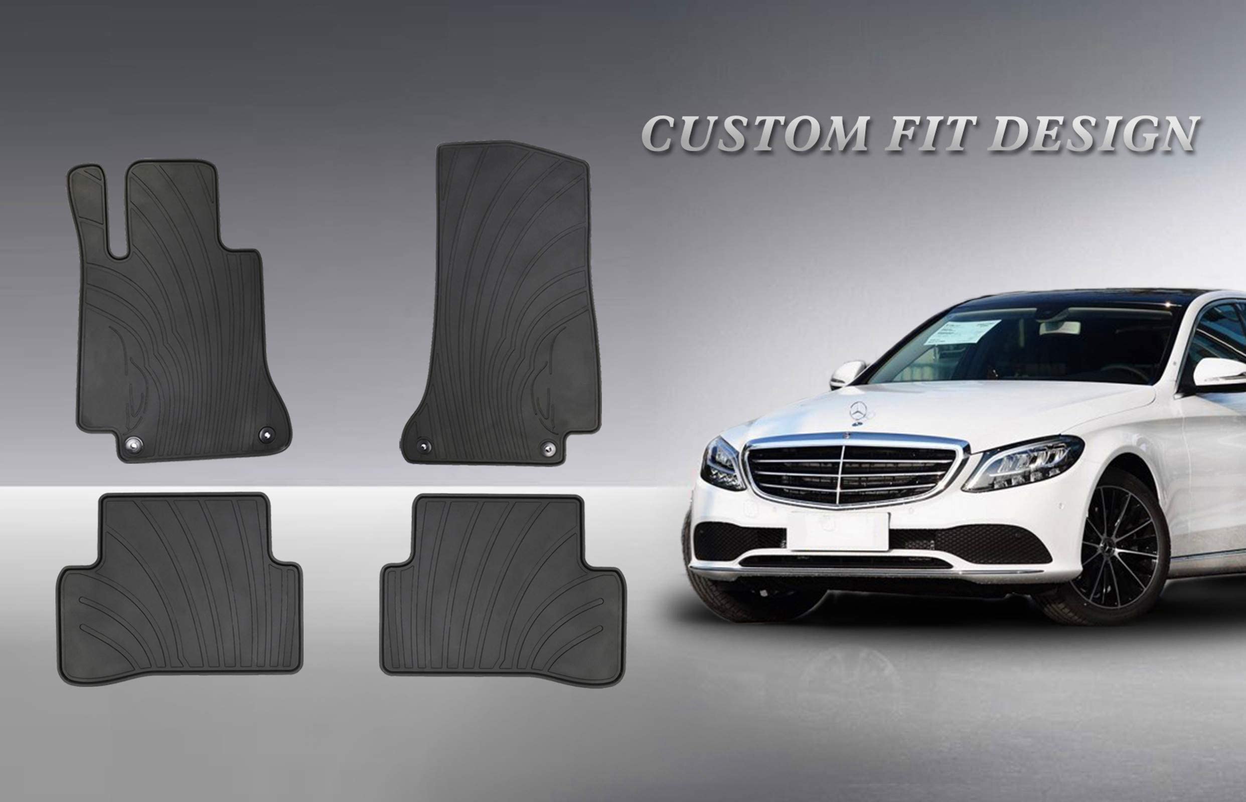 Hd-Mart Auto Floor Mats Custom Fit For Mercedes-Benz C Class Sedan 2015-2021 C180 C200 C250 C300 C350(E) C400 C43 Amg C450 C63 W205 W206 S206 Rubber Full Black Auto Floor Mats All Weather Heavy Duty