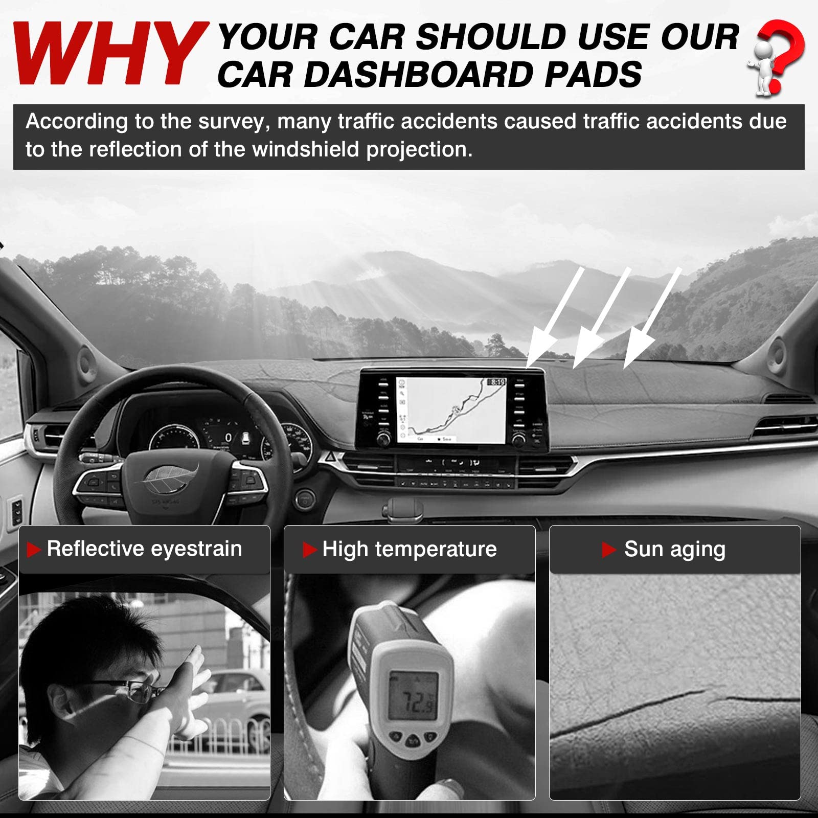 Autorder Dashboard Cover Mat For Toyota Sienna 2021 2022 2023 2024 Accessories Dash Cover Flannel Dash Mat Sunshade Glare Uv Ray