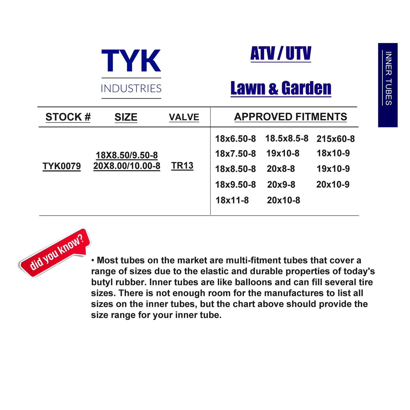 18X8.50-8 Inner Tube, 18X850-8, 18X8.5-8 Atv Golf Cart Tire Tube With A Tr13 Short Rubber Valve Stem By Tyk Industries