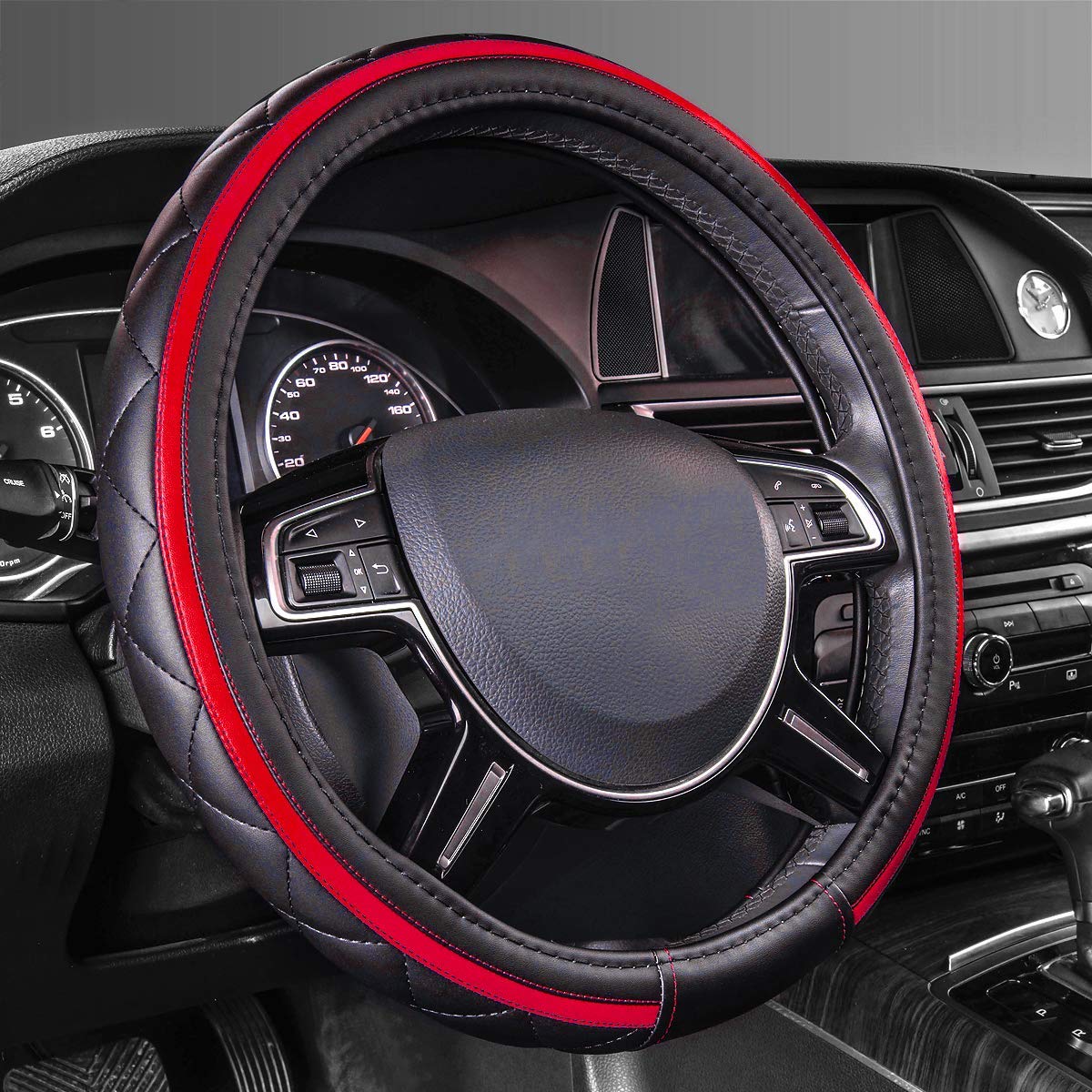 Car Pass Sporty Quilting Leather Universal Fit Steering Wheel Cover,Fit For Suvs,Vans,Sedans,Trucks For 14.7'' To 15'' (Black &