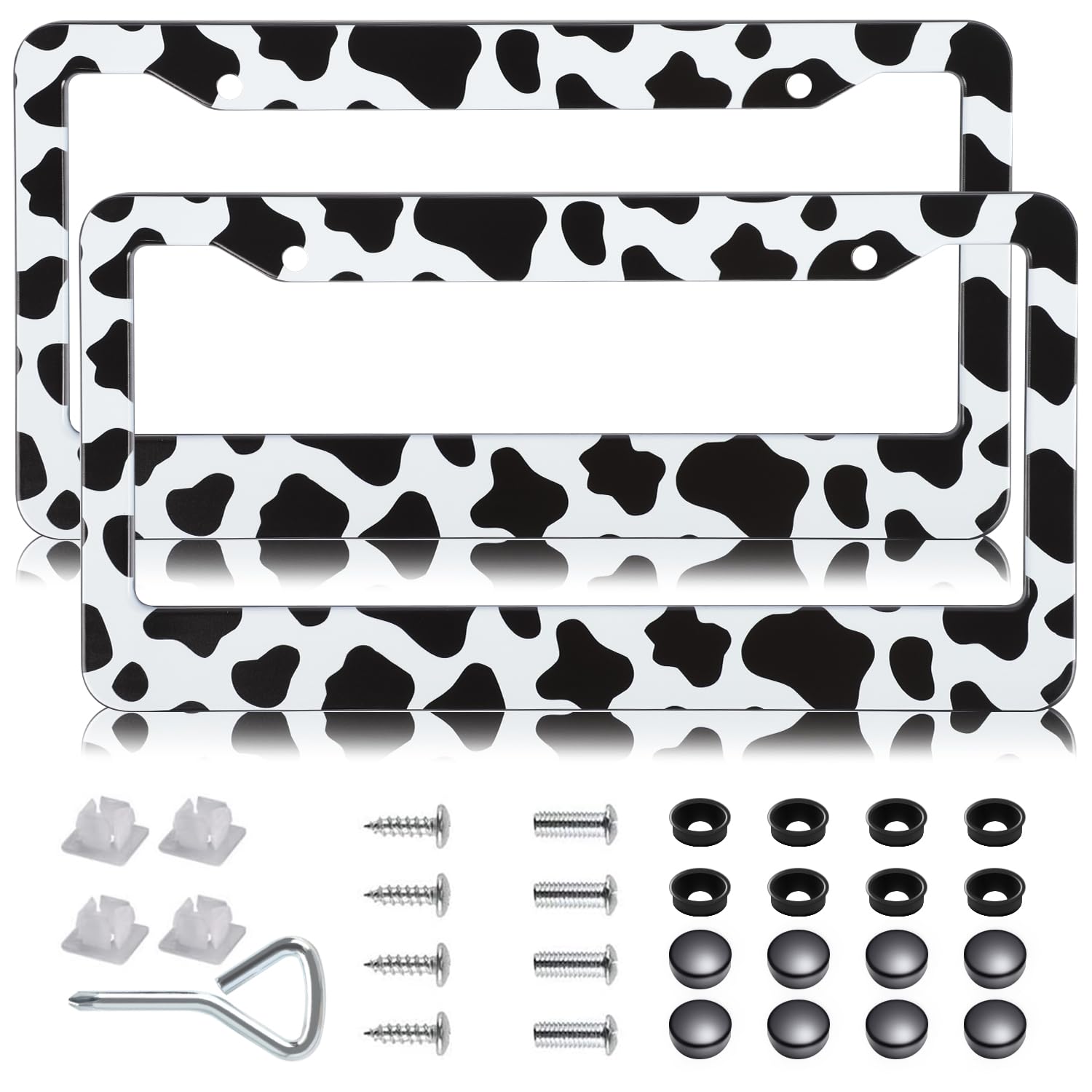 2 Pack Cow Print License Plate Frames- Cute Animal White Black Spot Cow Universal Auto Aluminum Car Tags Holder Cover with Screw