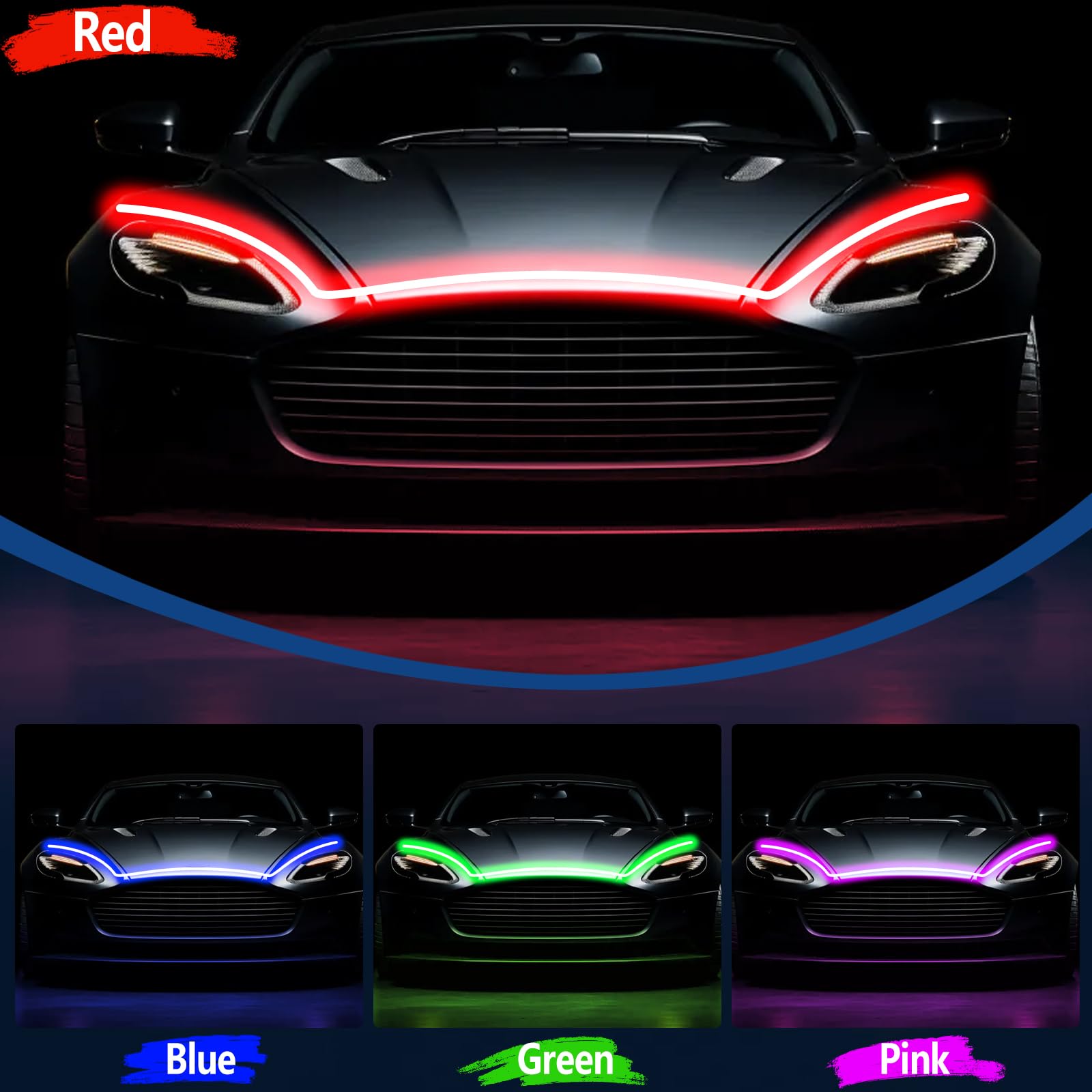 Hconce 71 Inches Rgb Multicolor Dynamic Scanning Starter Hood Lights, Car Led Hood Light Strip, Exterior Flexible Headlight Wate