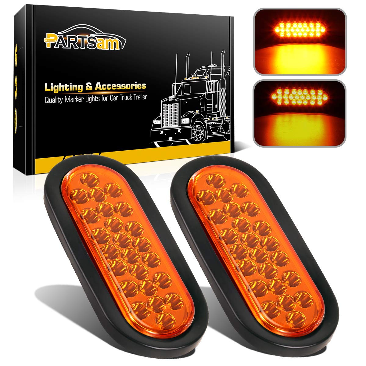 Partsam 2Pcs 6 Inch Oval Amber Led Trailer Lights 24Led, 6'' Oval Led Turn Signal And Parking Lights Flush Grommet Mount Sealed