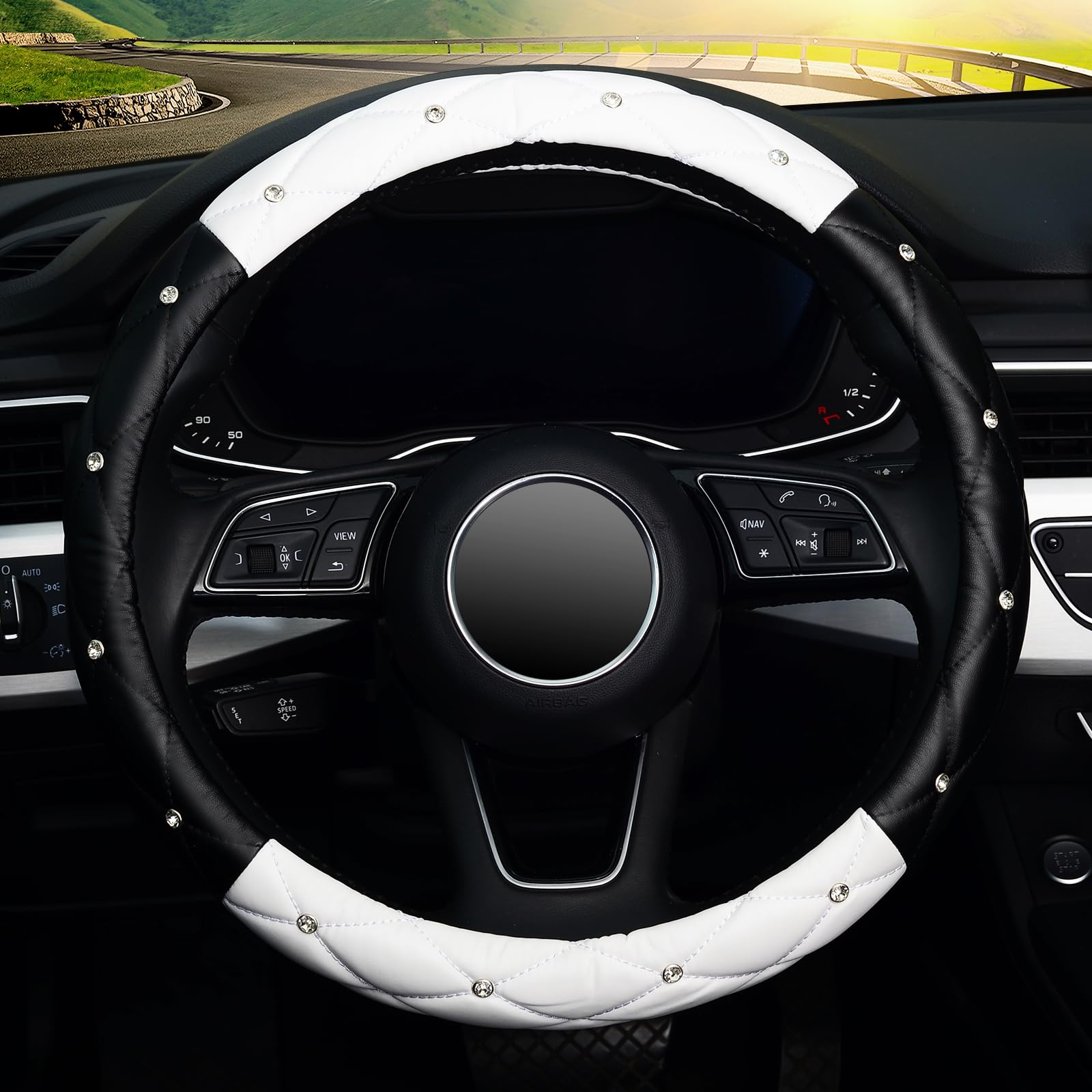 Kafeek Diamond Soft Leather Steering Wheel Cover With Bling Bling Crystal Rhinestones, Universal 15 Inch, Black White
