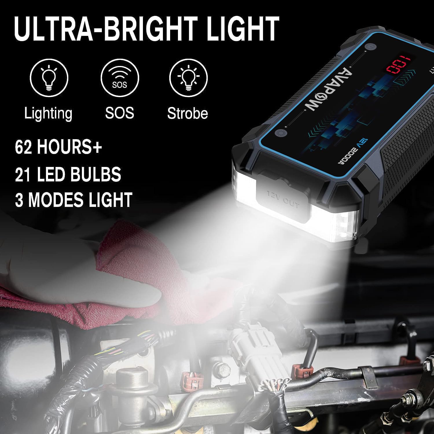 Avapow Car Jump Starter 2000A Peak Jump Boxes For Vehicles(12V 8L Gas/6.5L Diesel Engine) Equipped Fast Wireless Charging Jump S