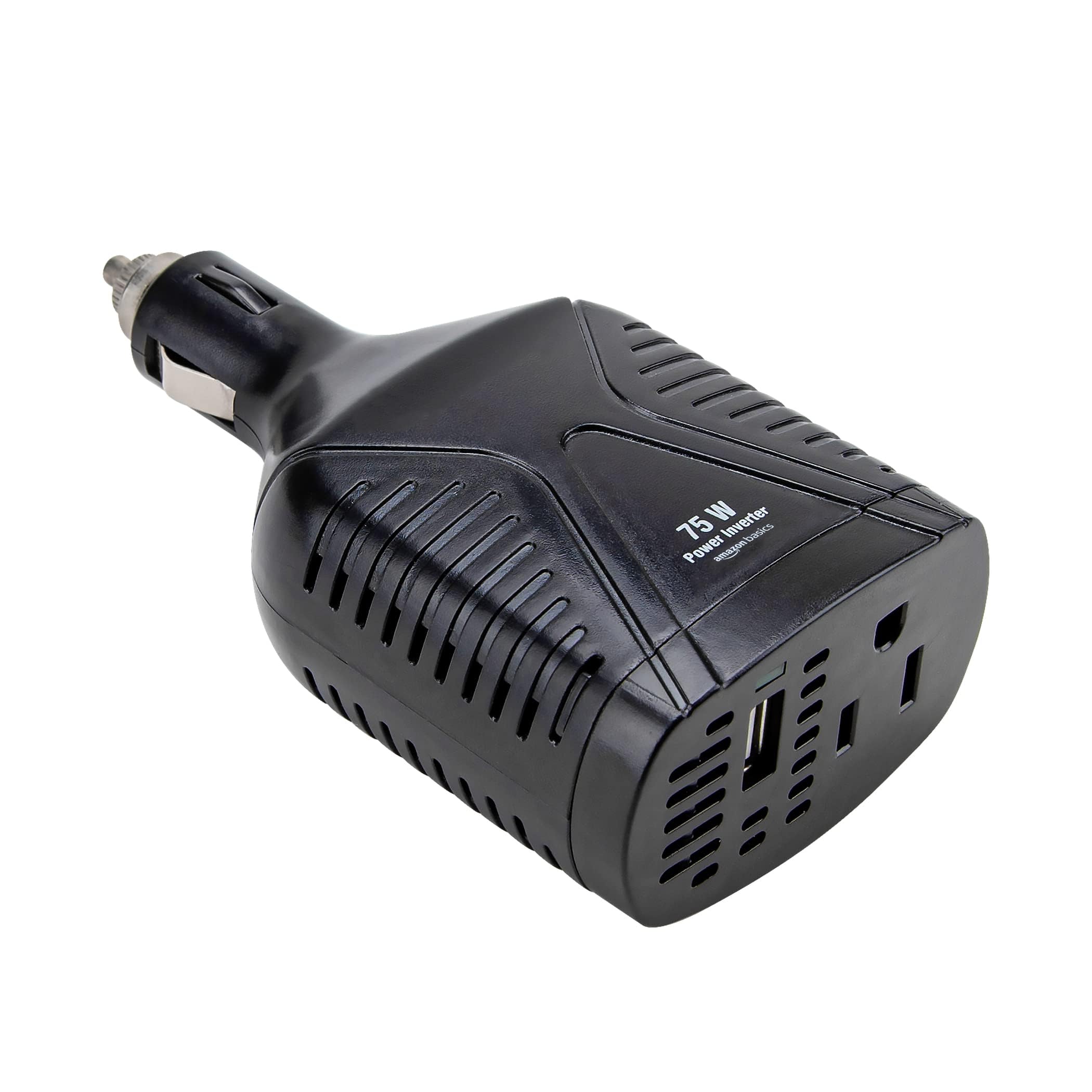 Amazon Basics 75W Portable Car Power Inverter, 12V to 110V, USB Charging Port, AC Outlet for Vehicles, Black, 5.07 x 2.65 x 1.6 