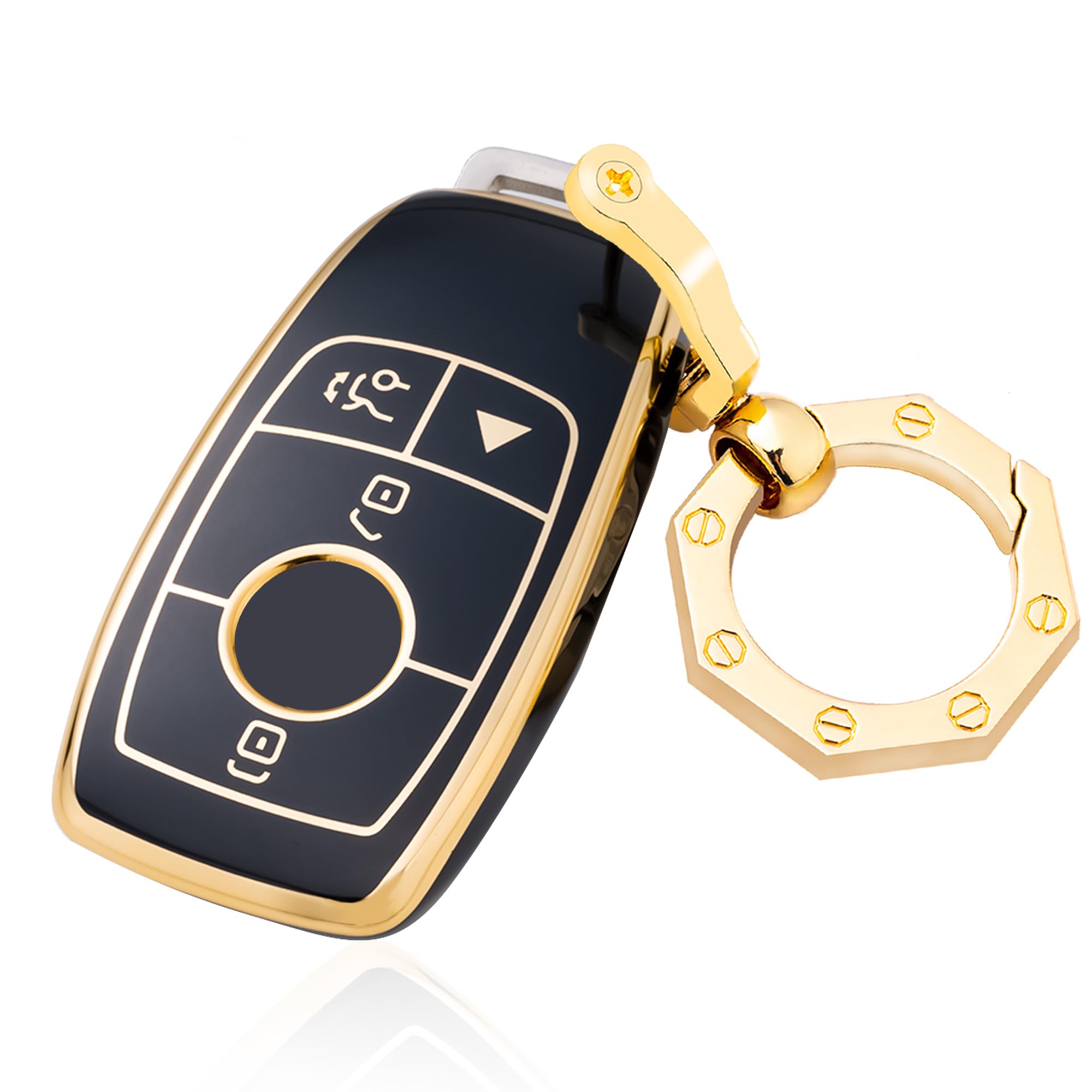 Yhc For Mercedes Benz Key Fob Cover Car Key Case Shell With Gold Keychain Fit E S A C G Class 2017-2024(Black)