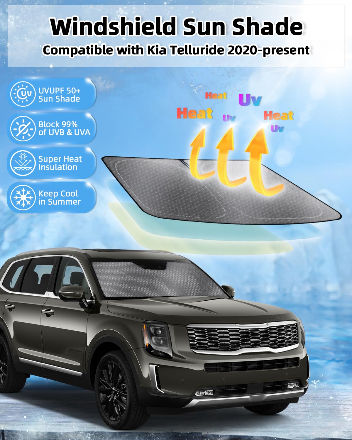 Mixsuper Liner Windshield Sun Shade For Kia Telluride 2020-2024 2025 Windshield Sunshades For Telluride Accessories Foldable Sun