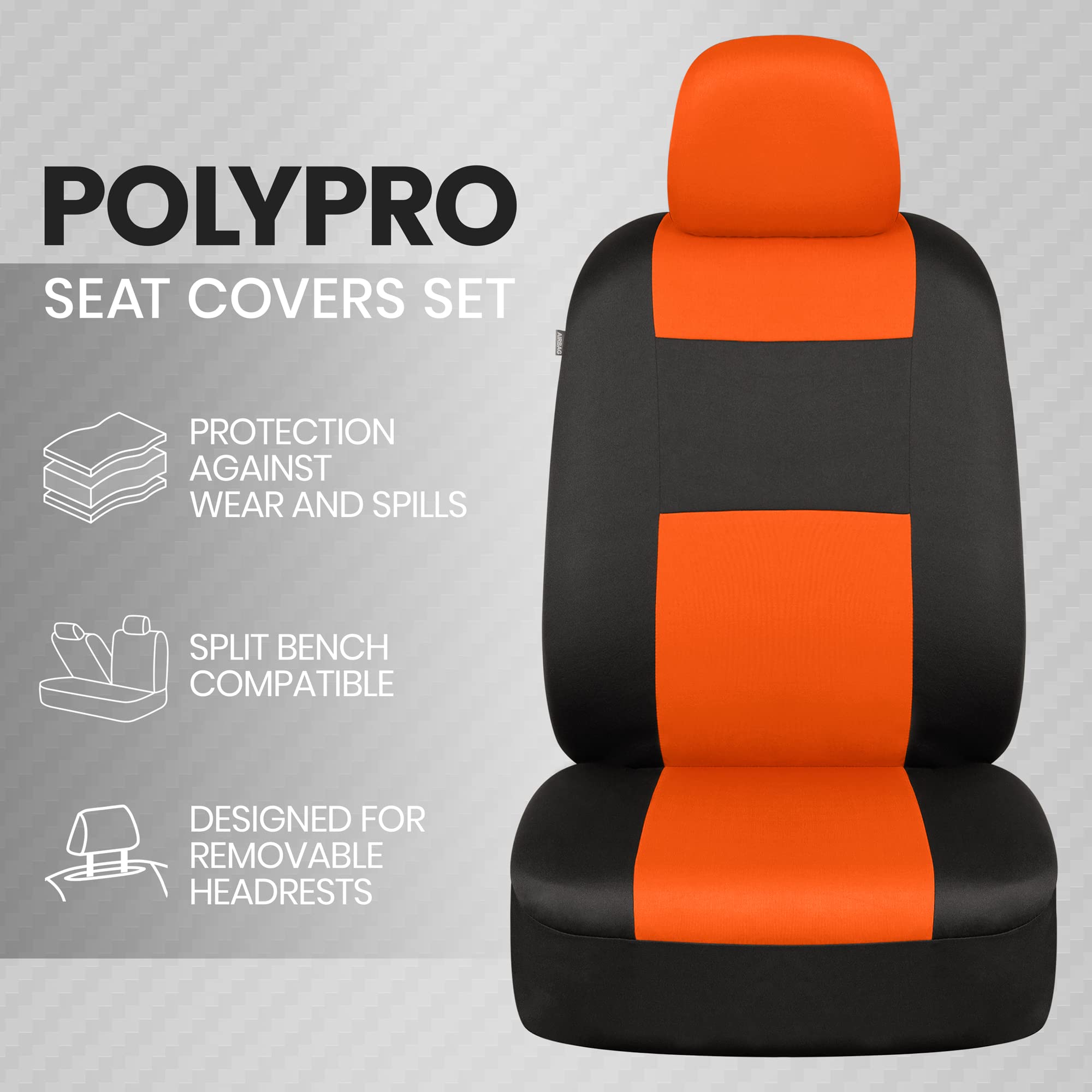 Bdk Polypro Car Seat Covers Full Set In Orange On Black - Front And Rear Split Bench Seat Covers For Cars, Easy To Install Car Seat Cover Set, Car Accessories For Auto Trucks Van Suv