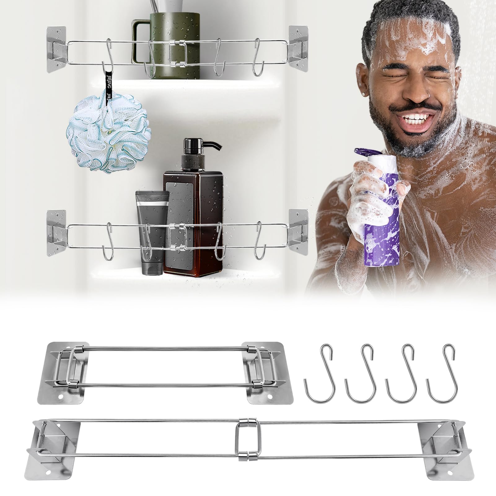 9~15in RV Shower Corner Storage Bar with 8 Hooks - Adjustable Camper Must Haves Stainless Steel Bathroom Shelves, Rust Proof Org