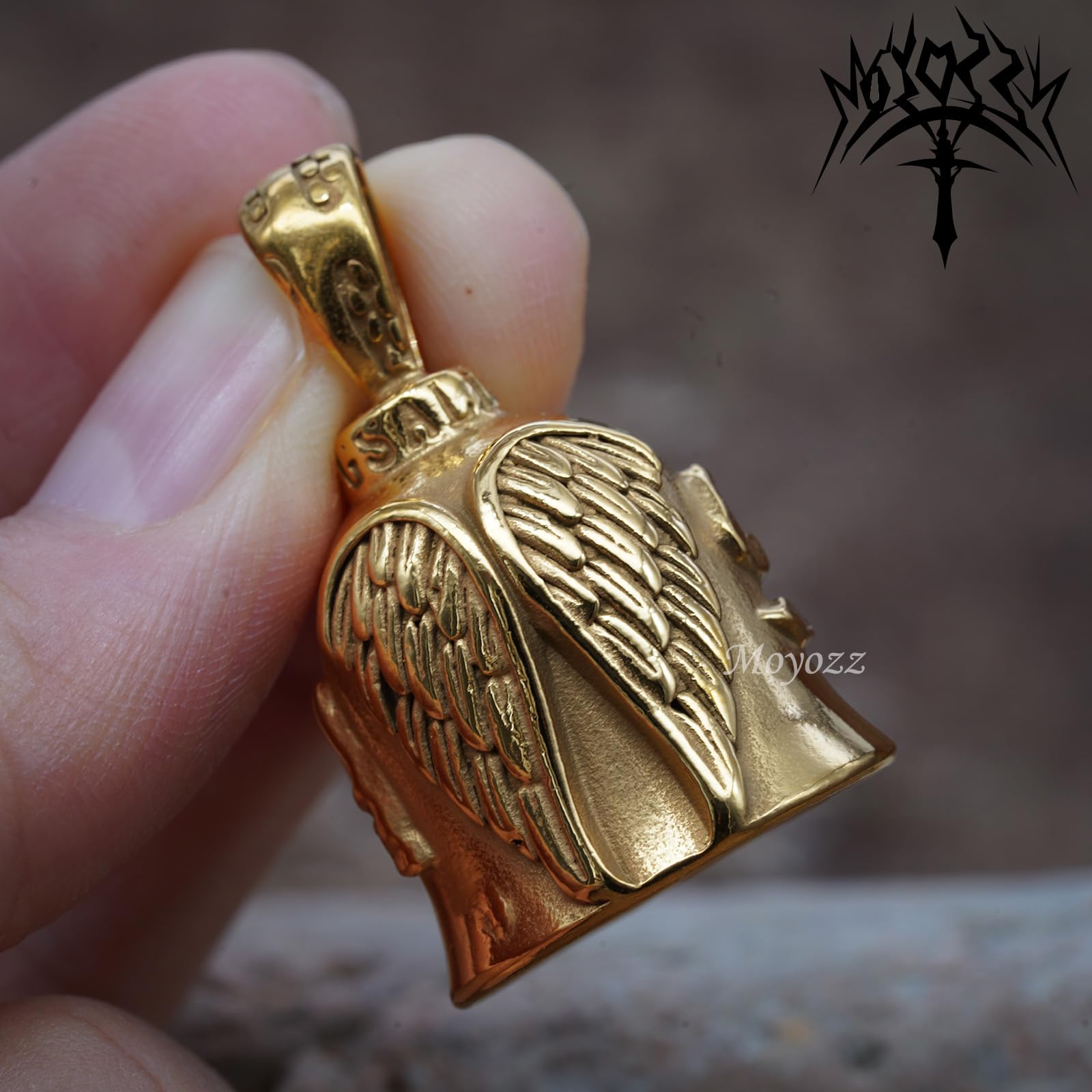 MOYOZZ Angel Wing Knight Bell Letters USA Motorcycle Bike Riding Guardian Bell - Never Ride Faster Than Your Angel Can Fly (Gold