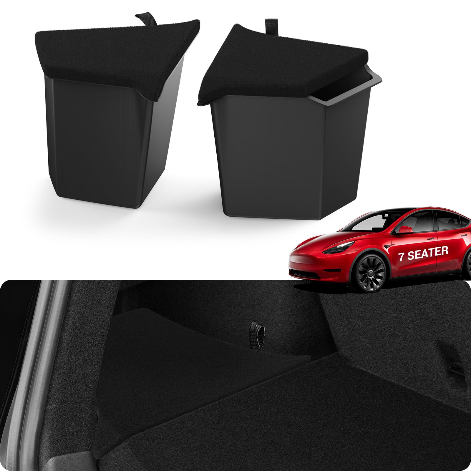 Basenor 2021-2025 Tesla Model Y 7-Seater Trunk Storage Bins, Trunk Organizer With Carpeted Lid, Rear Trunk Side Storage Box For