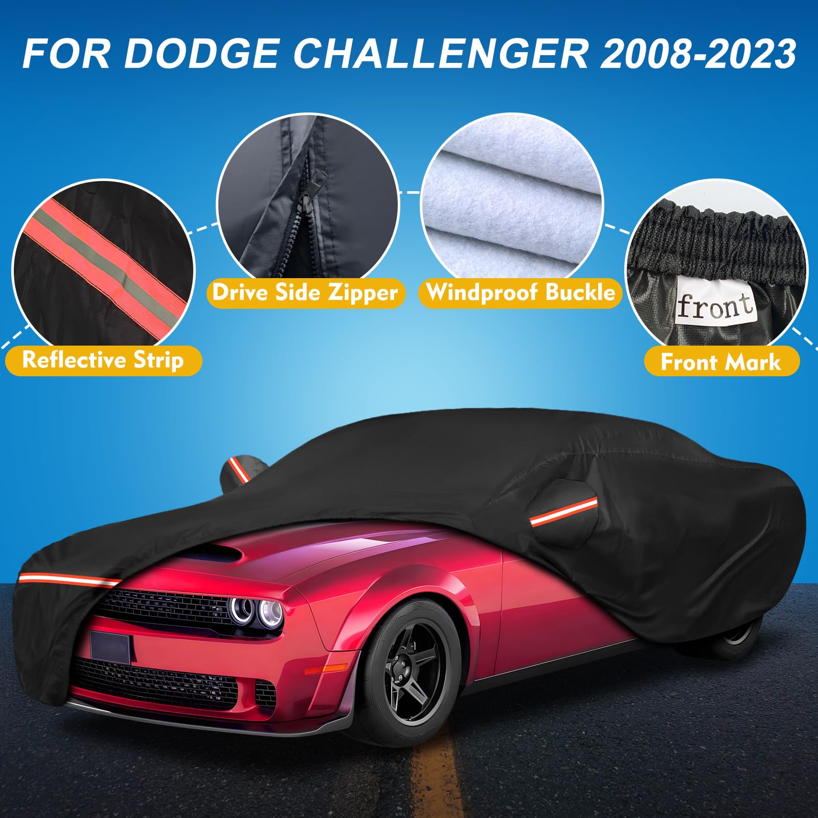 QUNSUNUS 6 Layer Car Cover for Dodge Challenger 2008-2023 Waterproof All Weather Windproof for Dodge Car Cover Hail Protection w